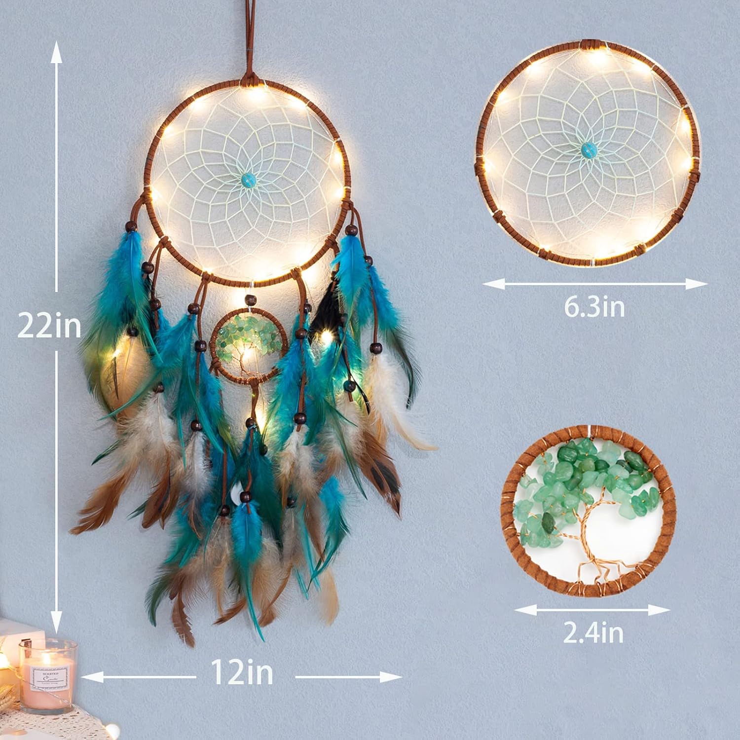 Dream Catcher Blue Tree of Life with Feathers, Mobile LED Fairy Lights Handmade Indians Traditional Circular Net for Wall Hanging Decor, Bedroom Kids, Home Decoration Wedding Party Blessing Gift - Image 4