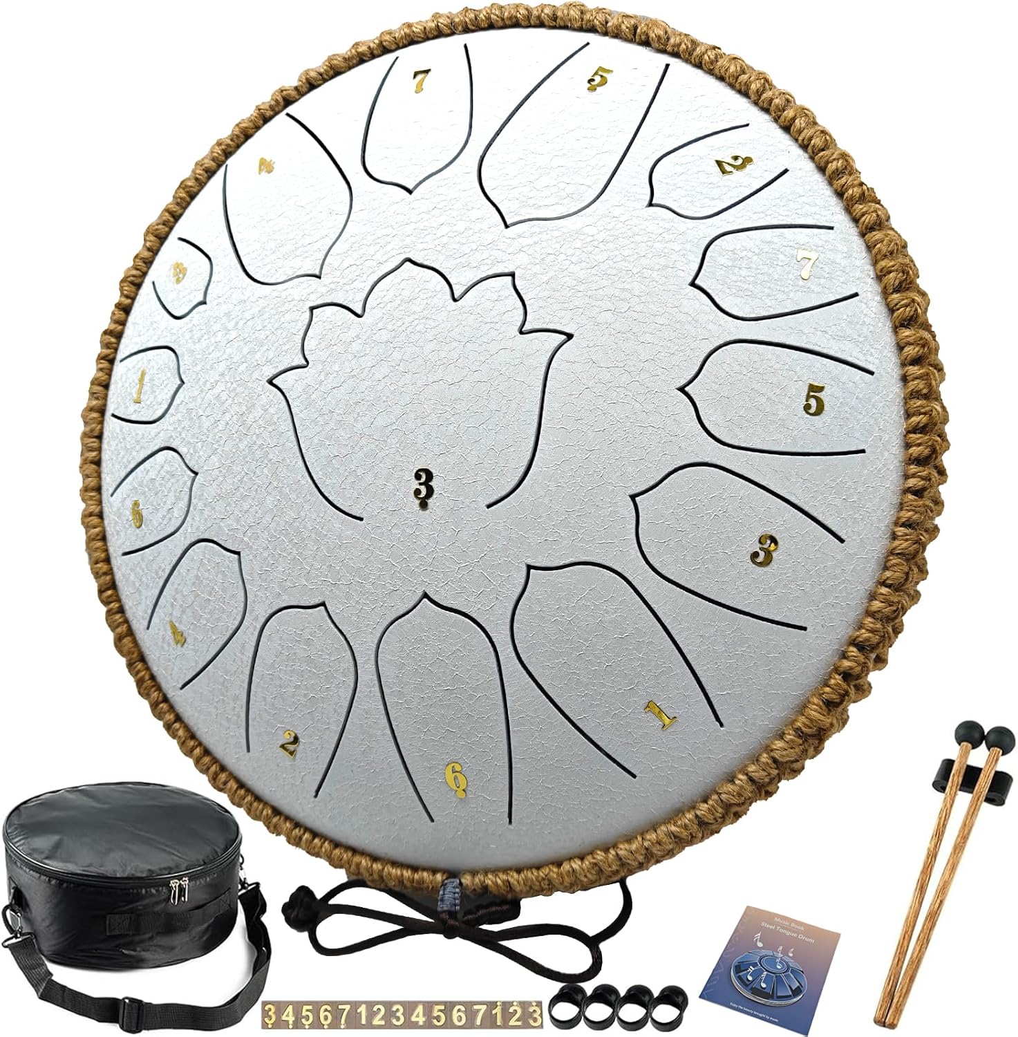 BETESINE 13-Inch 15-Note Steel Tongue Drum, C Major, Angel White | Beginner set with mallets, music book, note labels and carrying bag for practice, meditation, yoga and gifting