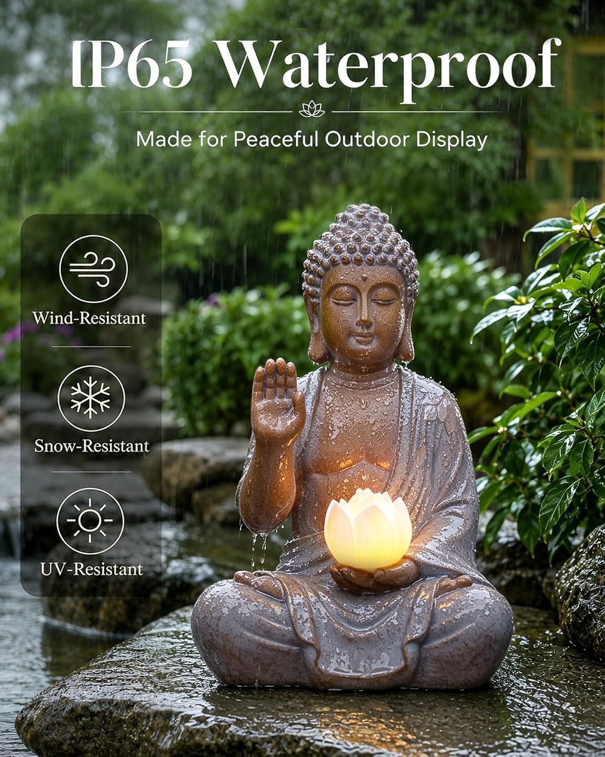 Nacome Solar Buddha Garden Statue Decor: Sitting Resin Figurine with Lotus Flower Light Zen Sculpture for Patio Lawn Yard Porch Balcony Meditation Space - 10.6 inches(White) - Image 6