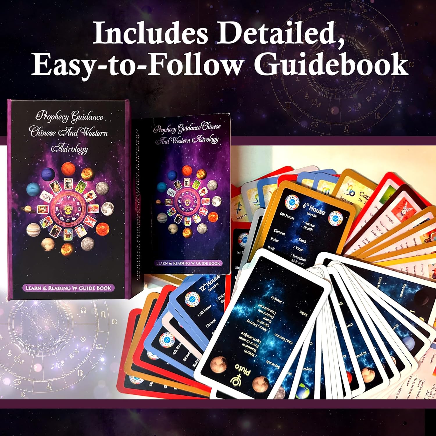 Astrology Learning Oracle Deck – Western & Chinese Zodiac Reading, Prophecy Guidance with Keywords, Color-Coded Elements, Easy-to-Learn Guidebook (51-Card Set) - Image 2