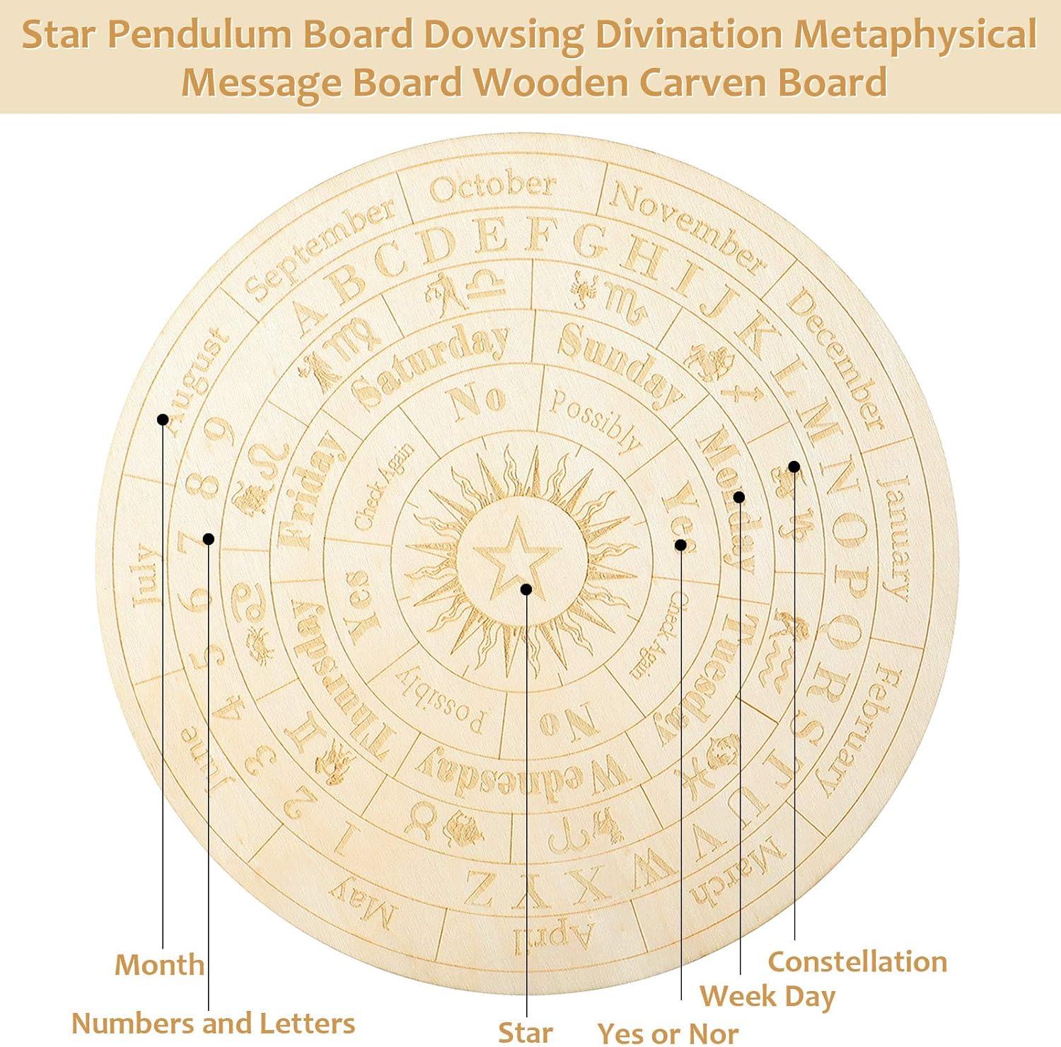 Star Pendulum Board Wooden Dowsing Board Divination Metaphysical Message Board for Witchcraft Wiccan Altar Supplies Kit Beginner Witchcraft Supply, Round Shape (9.8 Inch) - Image 7