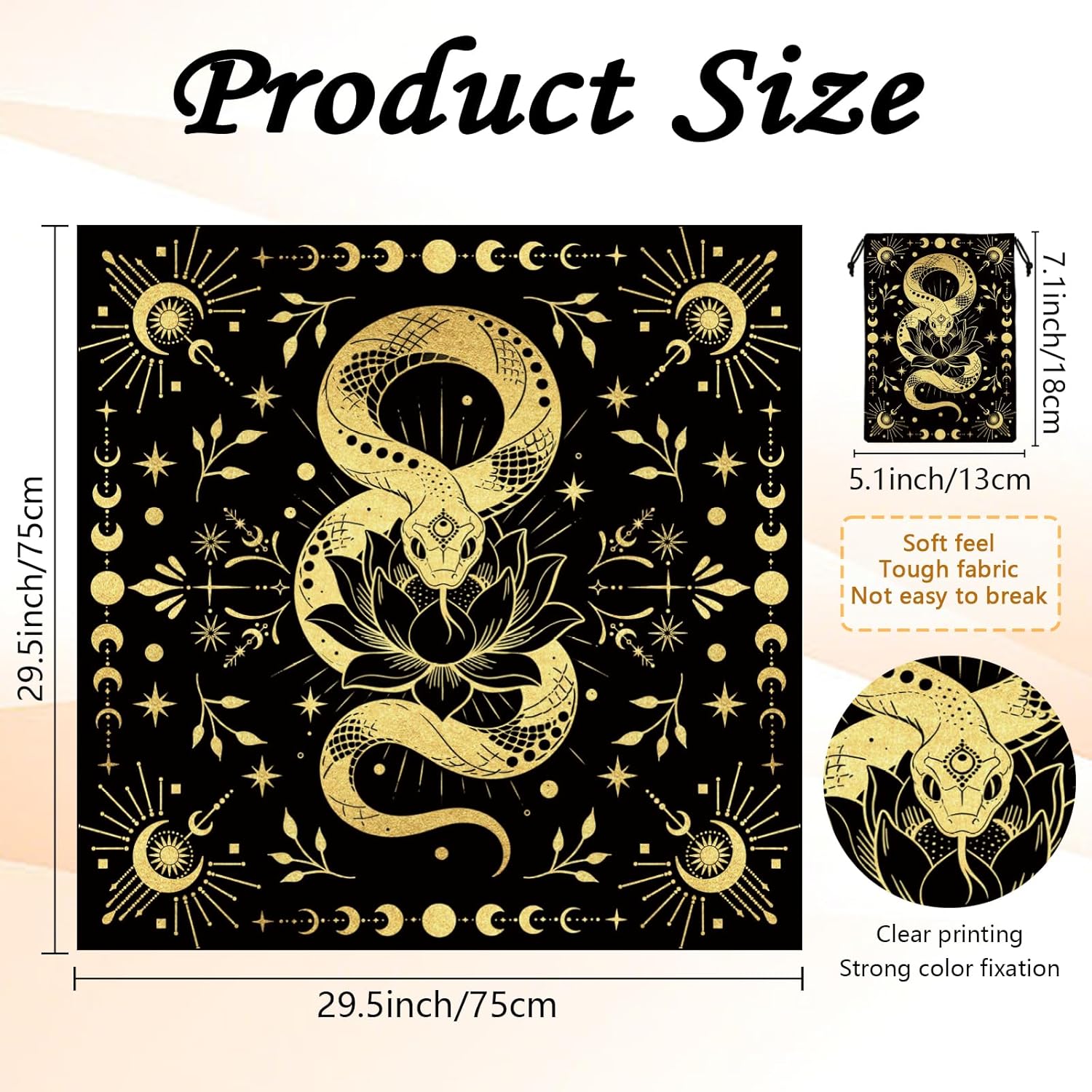 Tarot Altar Cloth Moon Snakes Lotuses Card Table Tablecloth | Black Tablecloth with Velvet Tarot Card Bag for Reading Rituals Crystals Spiritual Divination Witchcraft Supplies - Image 2