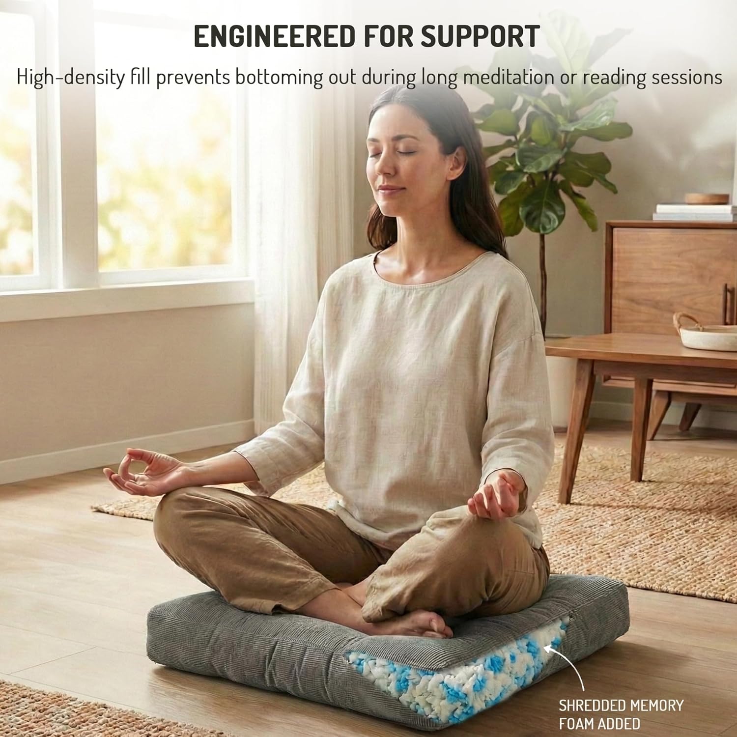 Degrees of Comfort Meditation Floor Pillow, Square Large Pillows Seating for Adults and Teens, Gray Tufted Corduroy Cushions for Yoga, Study Room, Home Office and Living Room, Grey, 22x22 Inch - Image 3