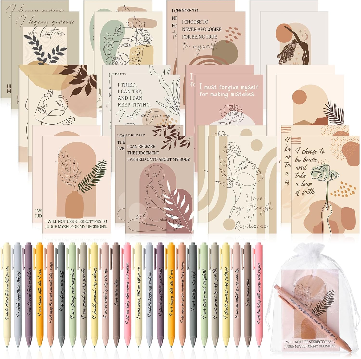 Mooliwe 48 Pcs Positive Affirmation Gift Set Gratitude Notebooks with Pens Small Bags Motivational Encouragement Notepads Daily Affirmations Journal for Women Stress Relief Self Care (Boho)