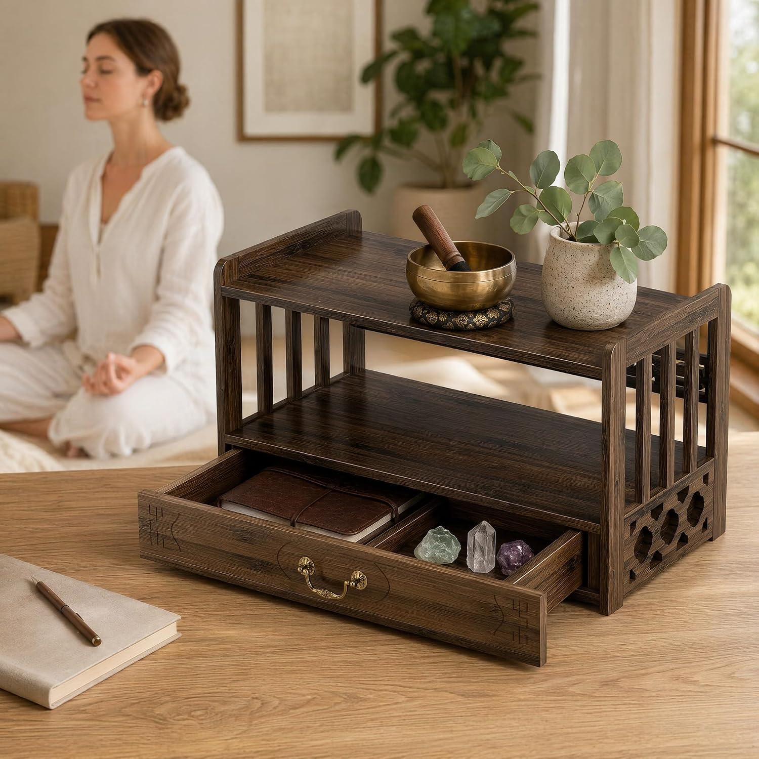 ikare Meditation Altar Table, Altar Table with Drawer, Puja Table for Home, Meditation Table for Prayers, Divination, Worship or Bamboo Furniture for Displaying Jars, Plants and Books (52cm)