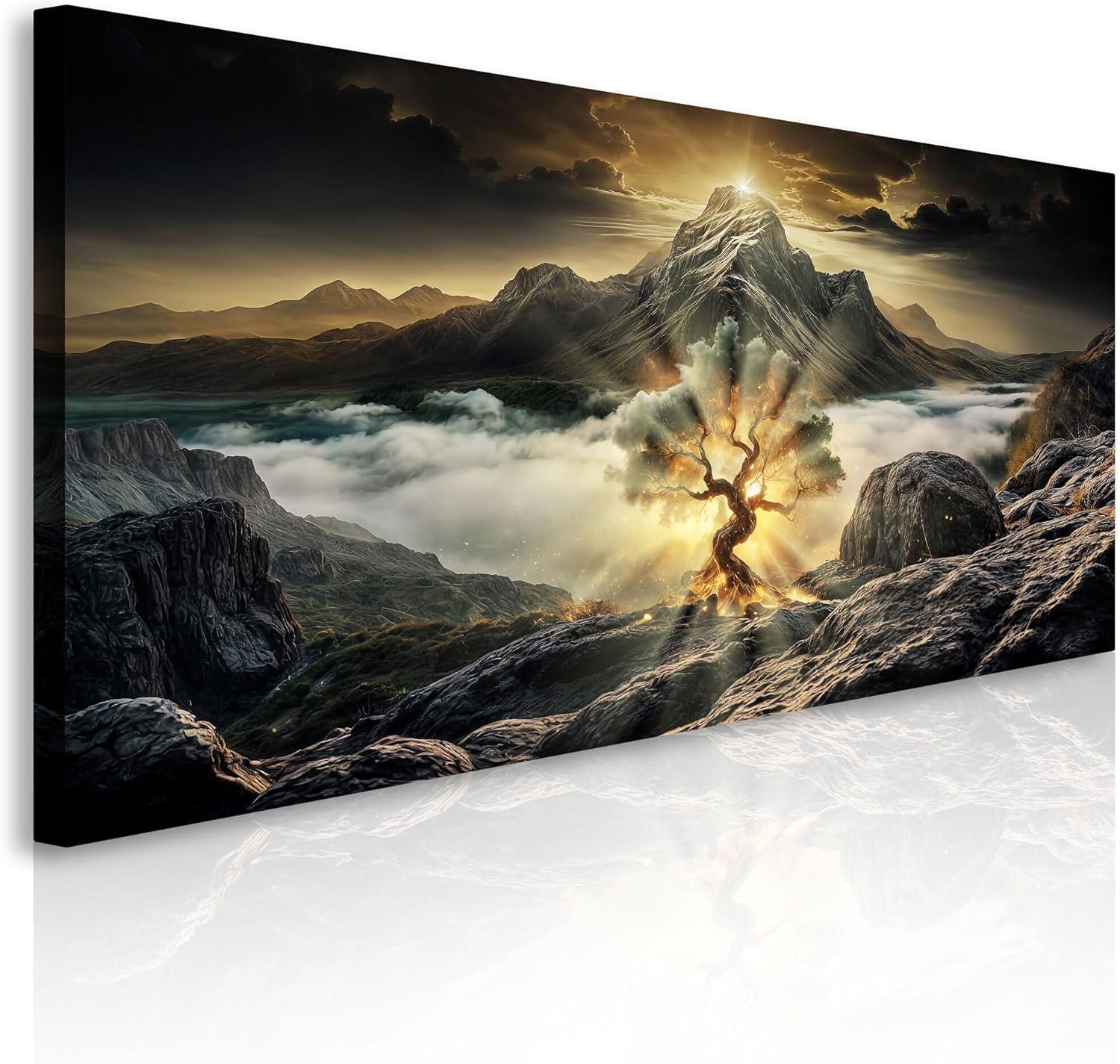 TAILORED CANVASES Burning Bush Faith Wall Art, Glowing Tree of Life Canvas – Mystical Fantasy Mountain Landscape Prints, Surreal Nature-Inspired Spiritual Wall Decor for Living Room or Bedroom 48x24