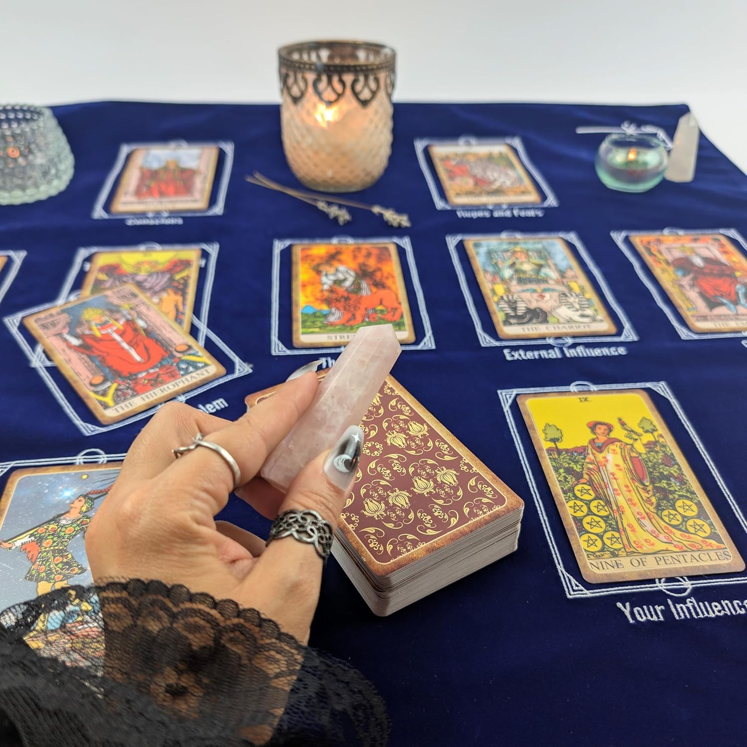 Witchy Cauldron Tarot Reading Cloth for Beginners - 27"x27" Velvet Altar Cloth with Celtic Cross Card Placement Guide, Reversible Satin Back, Works with Oracle Cards, Blue - Image 6