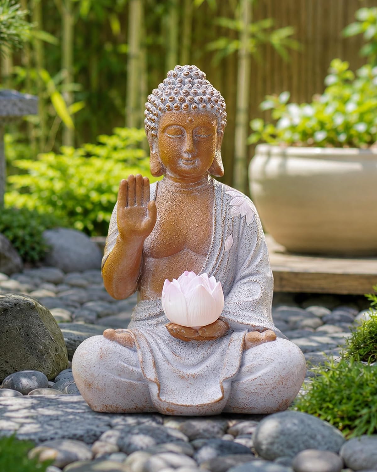 Nacome Solar Buddha Garden Statue Decor: Sitting Resin Figurine with Lotus Flower Light Zen Sculpture for Patio Lawn Yard Porch Balcony Meditation Space - 10.6 inches(White) - Image 8