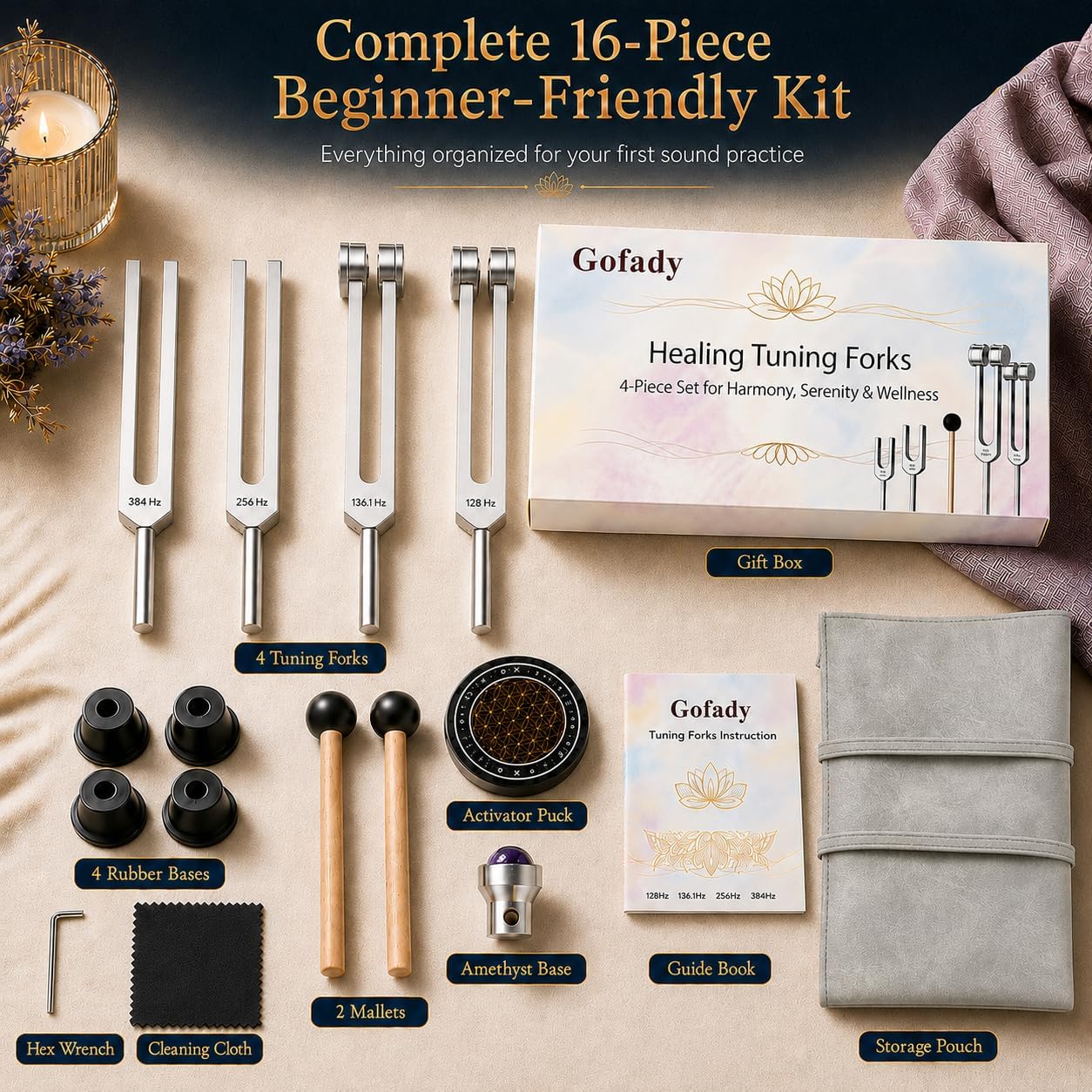 Healing Tuning Fork Set for Sound Therapy, 16-Piece Beginner Friendly Tuning Forks Kit with 128Hz 136.1Hz 256Hz 384Hz for Meditation, Yoga, Relaxation, Energy Healing & Daily Selfcare with Guide Book - Image 2