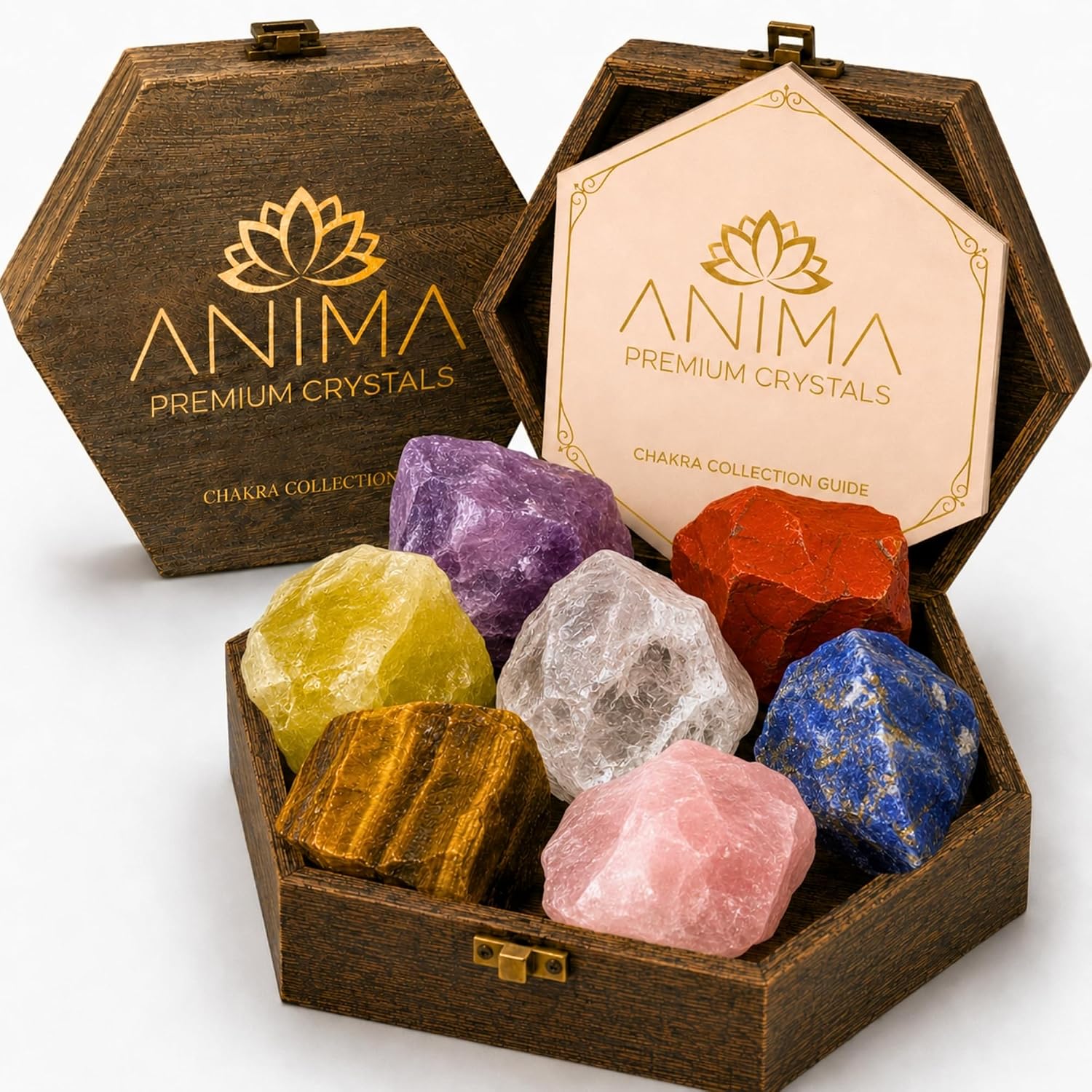Anima Premium 7 Chakra Healing Crystals Set for Energy Alignment - Large Raw Amethyst, Rose Quartz, Citrine, Lapis Lazuli, Clear Quartz, Tigers Eye & Red Jasper - Wooden Gift Box & Guidebook Included