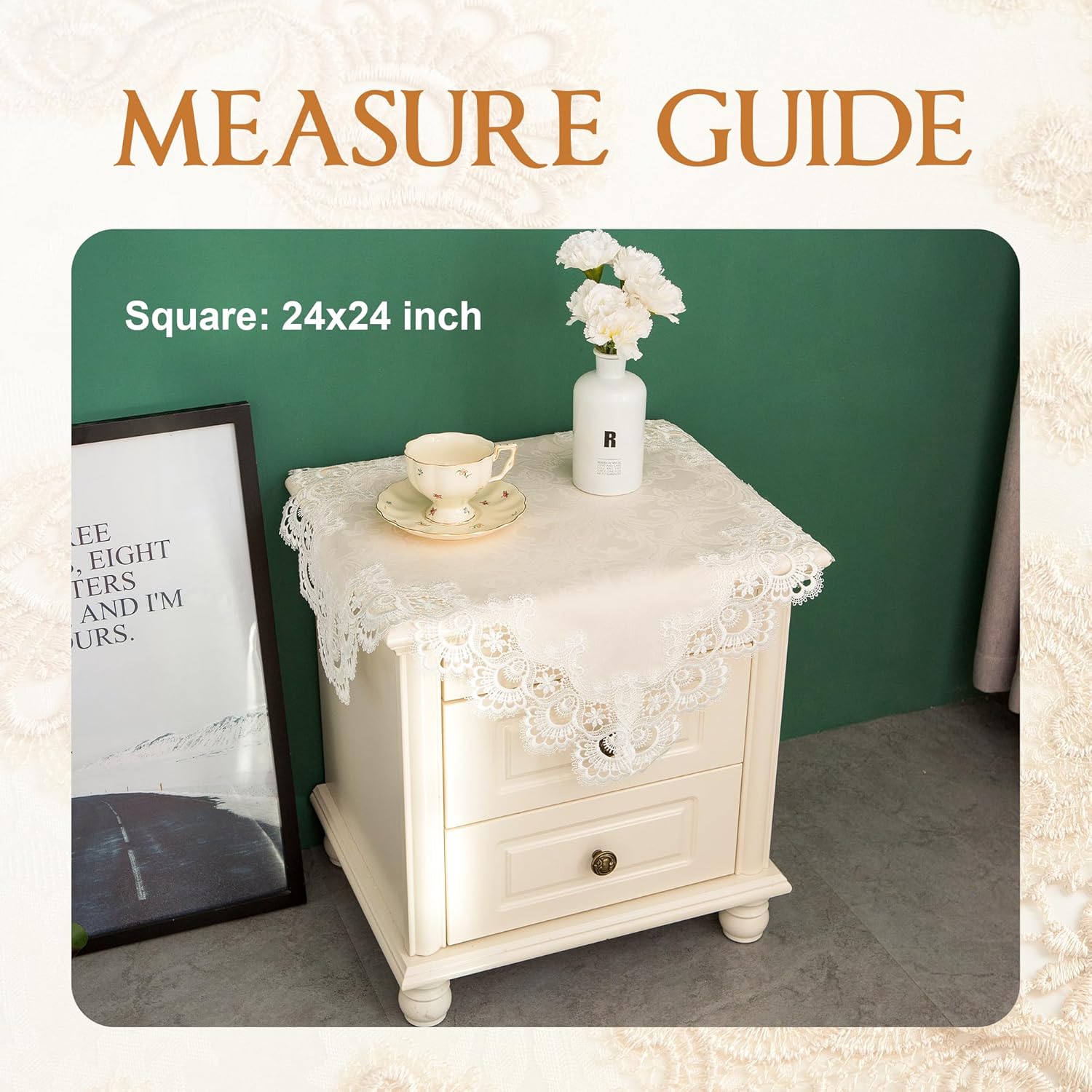 Lace Small Square Tablecloth Embroidered Farmhouse Table Cloth with Macrame Border Side Table Cover for Dresser Beside Tables Nightstand White 24x24 inch - Image 6