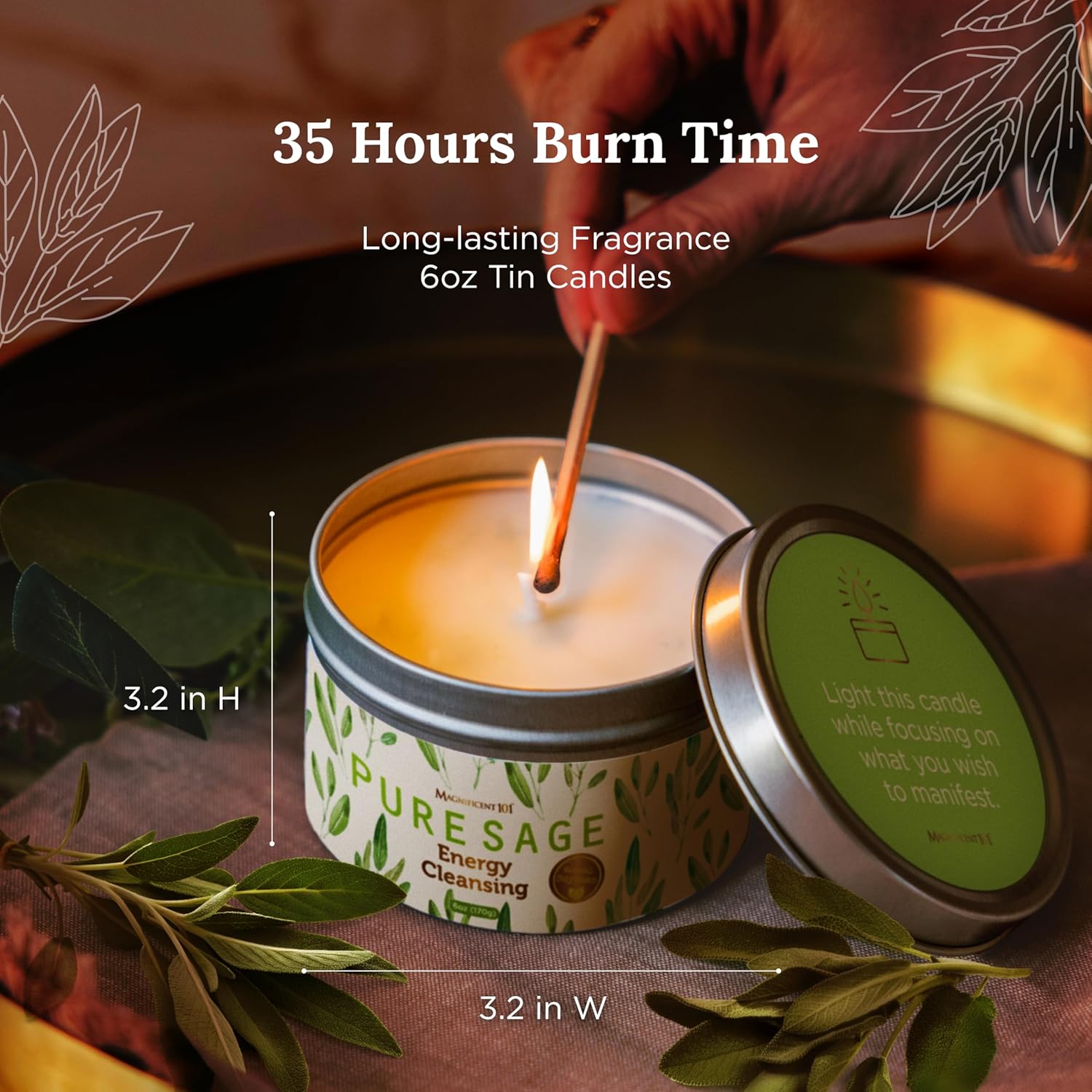 Magnificent 101 Long Lasting Pure White Sage Candle - 6 Oz - 35 Hour Burn Time - Organic, All Natural, Soy Candle to Cleanse Your Home & Calm, Soothe, Use with Sage Smudge Kit - Spiritual - Image 3