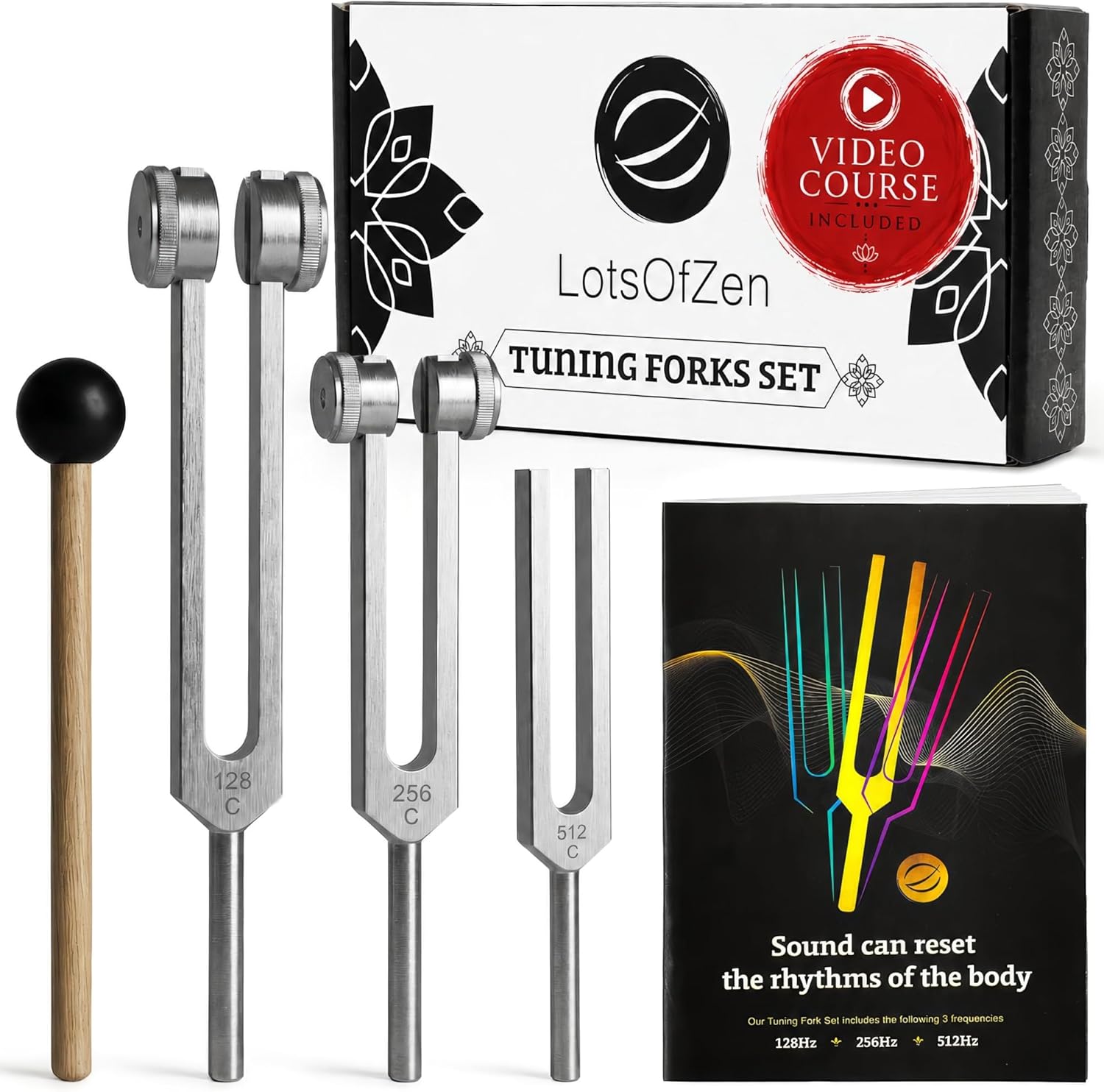 LOTS OF ZEN Tuning Fork for Healing Set (128Hz, 256Hz, 512Hz) | Sound Therapy, Chakra Balance & Grounding, Weighted & Unweighted, 80-Min Expert Video Course, Mallet & Velvet Pouches