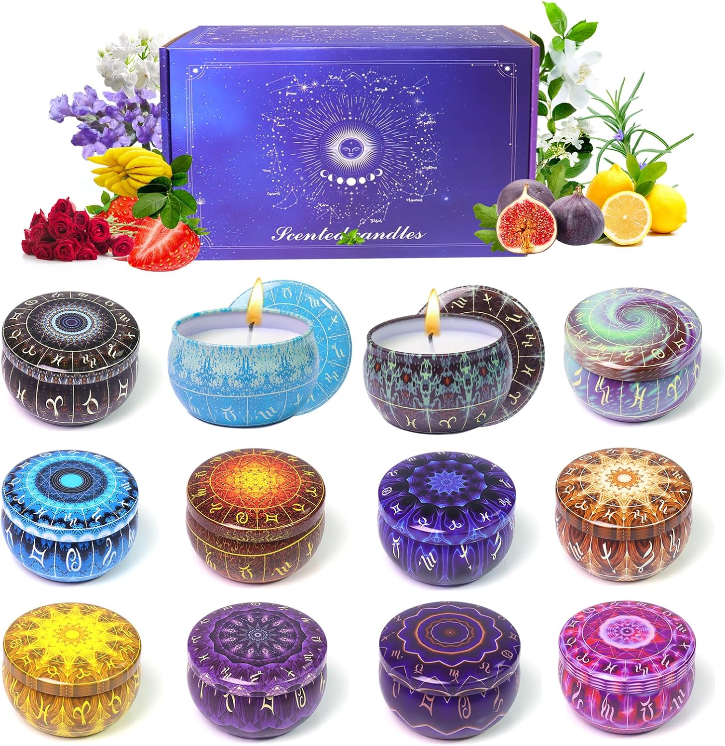 Zodiac Scented Candles Gifts Set, 12 Pack Soy Wax Travel Aromatherapy Candles with Essential Oils, Astrology Constellation Candle Set for Birthday, Mother's Day, Relaxation, Home Decor