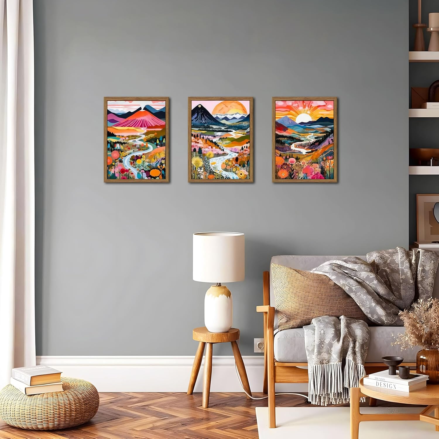 Wood Frame Boho Colorful Wall Art, Set of 3 Abstract Watercolor Mountain Landscape Wall Decor Painting, Modern Flower Aesthetic Posters Prints for Living Room Bathroom Bedroom 12x16In Framed - Image 7