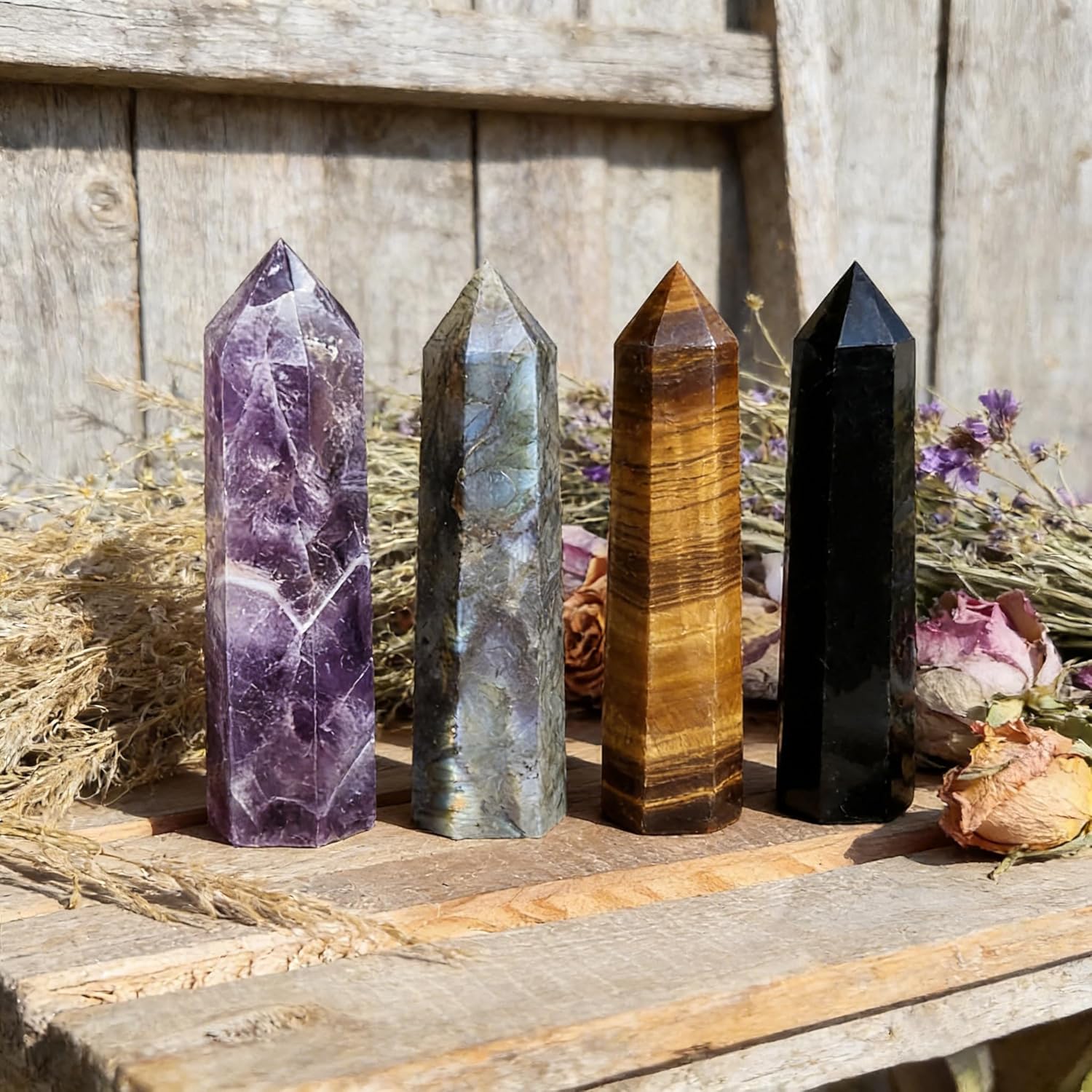 4Pcs 5.9 Inch Natural Crystal Obelisk Tower Set, Polished Hexagonal Point Wand, Obsidian Labradorite Amethyst Tiger's Eye Stone, Reiki Healing Crystal Obelisk Statue, Home Desktop Decor Spiritual Gift - Image 2
