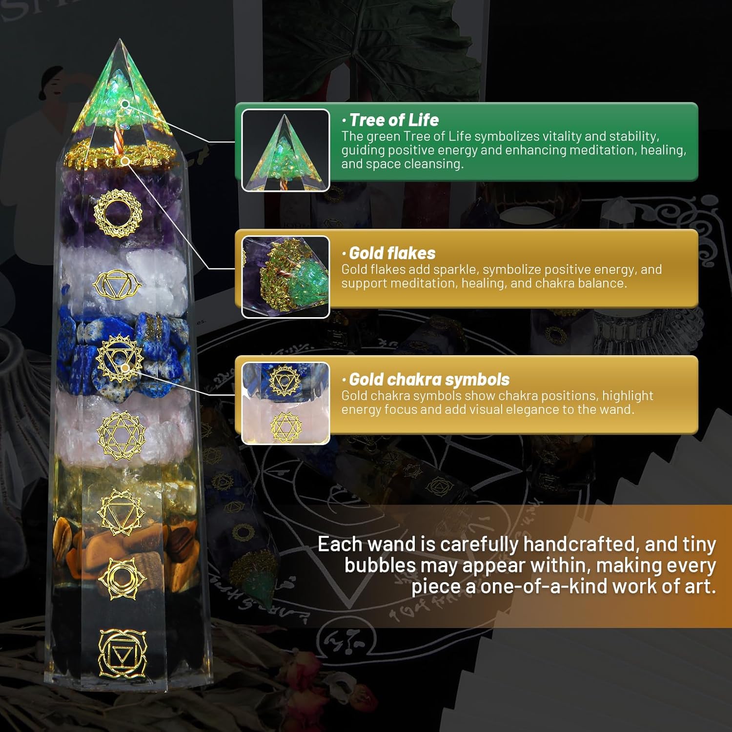 7 Chakra Crystal Wand – Handmade Crystal Tower with Tree of Life Healing Crystals for Chakra Balance, Energy Cleansing, Reiki, Home Decor, Crystals and Healing Stones - Image 3