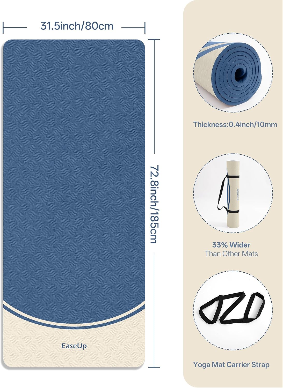 EaseUp Extra Thick Yoga Mat -2/5 inch (10MM), 72.8x31.5" Extra Long-Wide, Professional TPE Non-slip yoga mats for Yoga,Exercise, Workout,Pilates and Fitness, with strap - Image 2