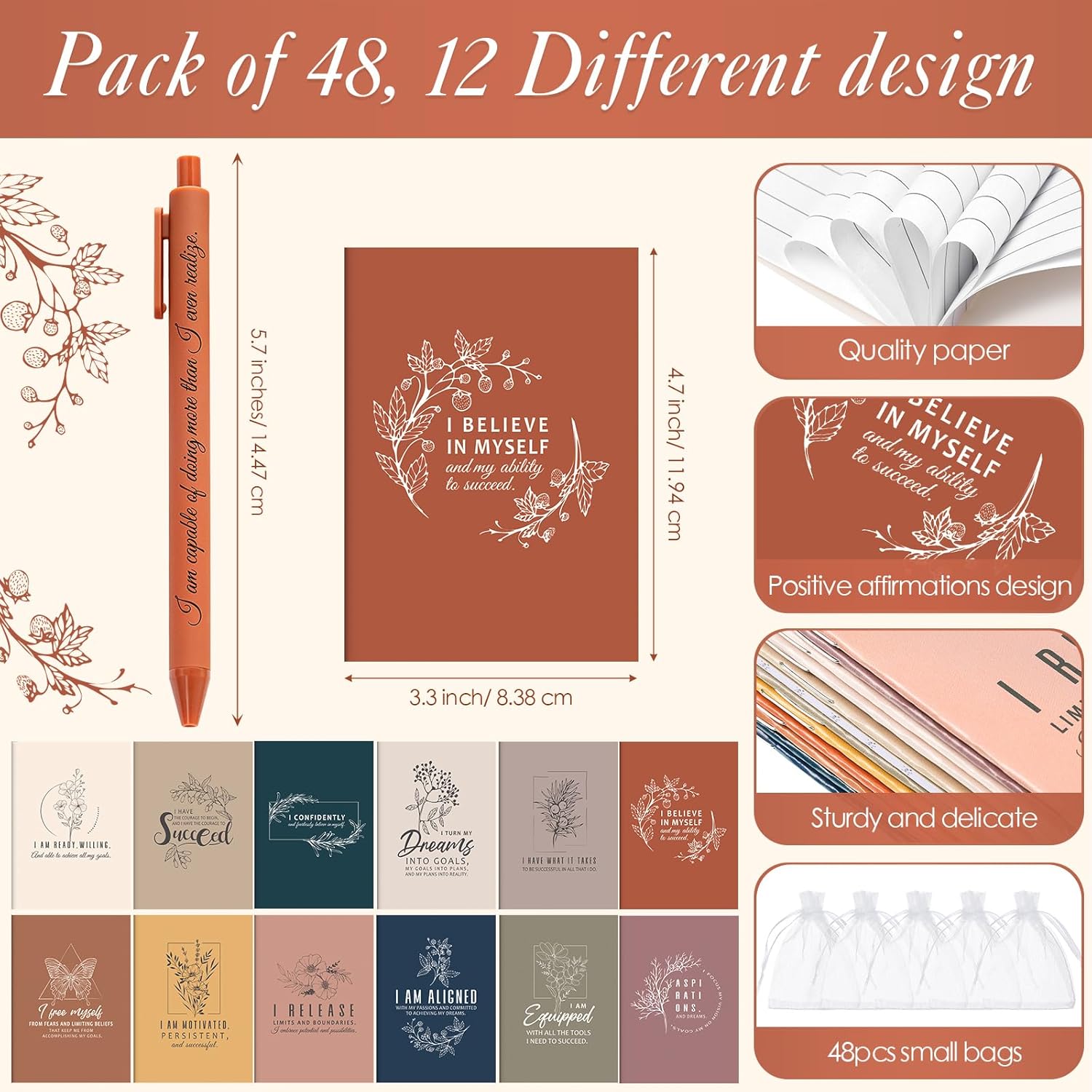 Mooliwe 96 Pcs Positive Affirmation Gift Set Gratitude Notebooks with Pens Small Bags Motivational Encouragement Notepads Daily Affirmations Journal for Women Stress Relief Self Care (Simple) - Image 2