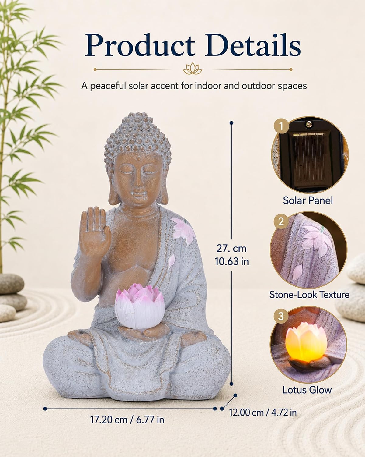 Nacome Solar Buddha Garden Statue Decor: Sitting Resin Figurine with Lotus Flower Light Zen Sculpture for Patio Lawn Yard Porch Balcony Meditation Space - 10.6 inches(White) - Image 4