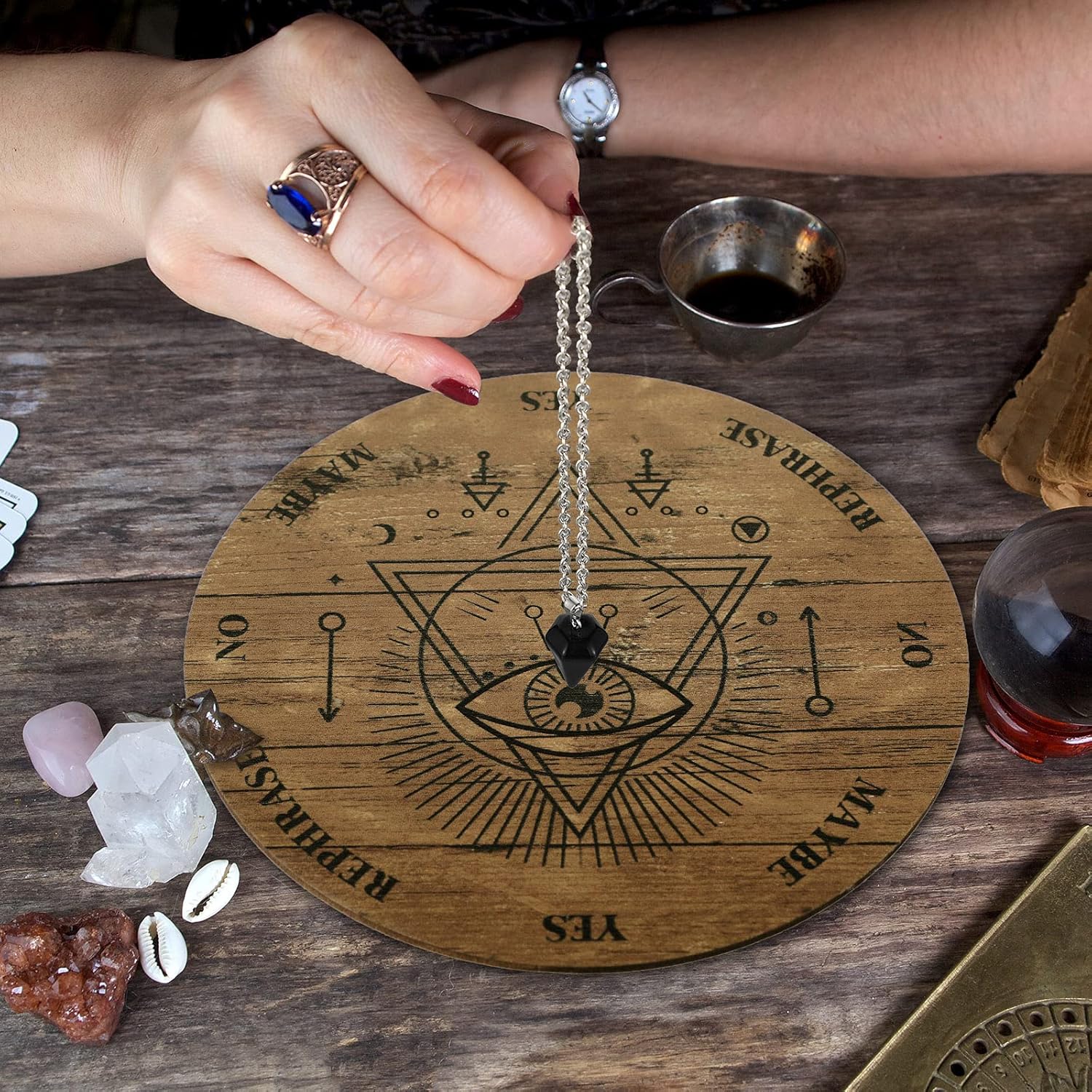 Jetec Pendulum Board Set Wooden Dowsing Divination Board Metaphysical Message with Crystal Divinity Pendulum Necklace for Witchcraft Wiccan Wand Altar Supplies, 3.9 Inch(Wood Color) - Image 6
