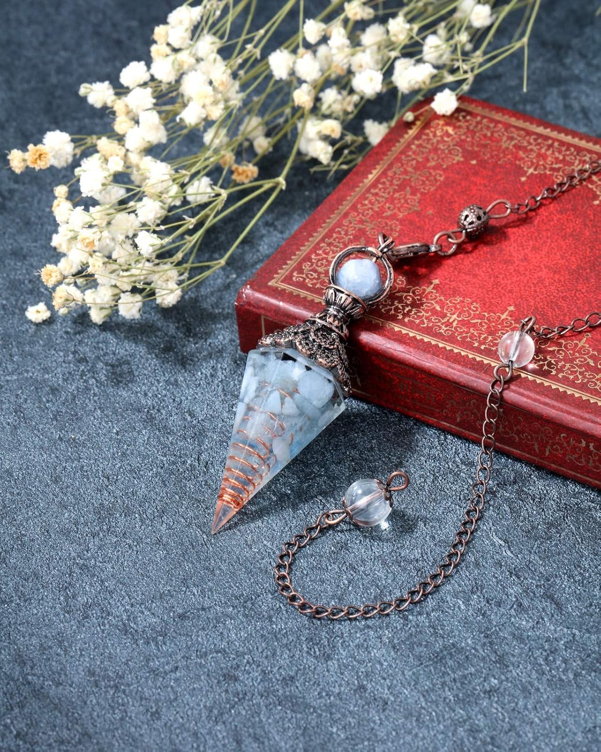 Jovivi Healing Crystal Pendulums for Dowsing Divination 6 Facted Hexagonal Pointed Cone Resin Chip Stones Reiki Wicca Spritual Gemstone Chakra Energy Pendant with Chain - Image 2