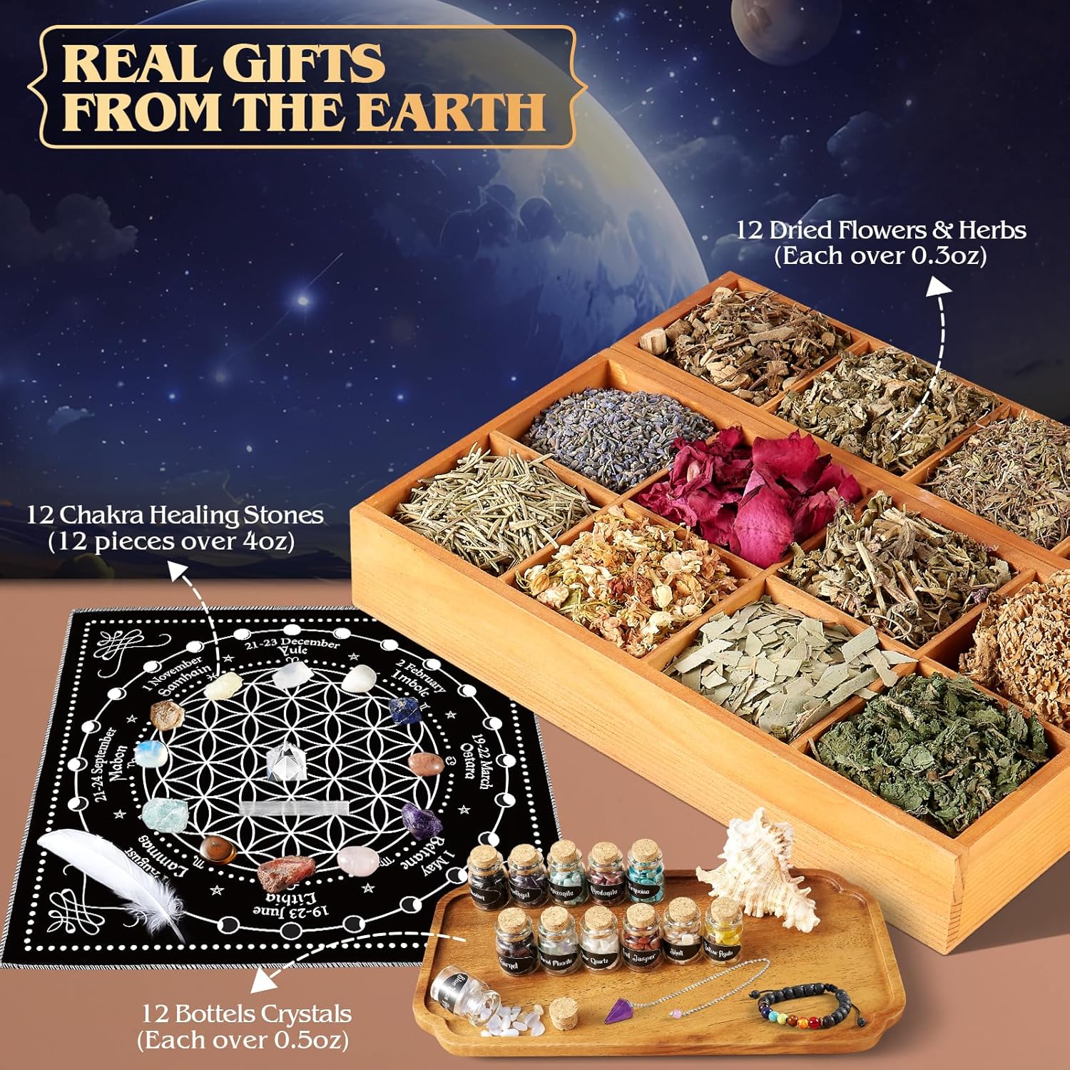 Witchcraft Supplies Kit, 80Pack Witch Starter Kit Wiccan Supplies and Tools Witchy Gifts for Beginners, Spell Candles, Chakra Healing Crystals and Dried Herbs for Zodiac and Lunar Magick - Image 3