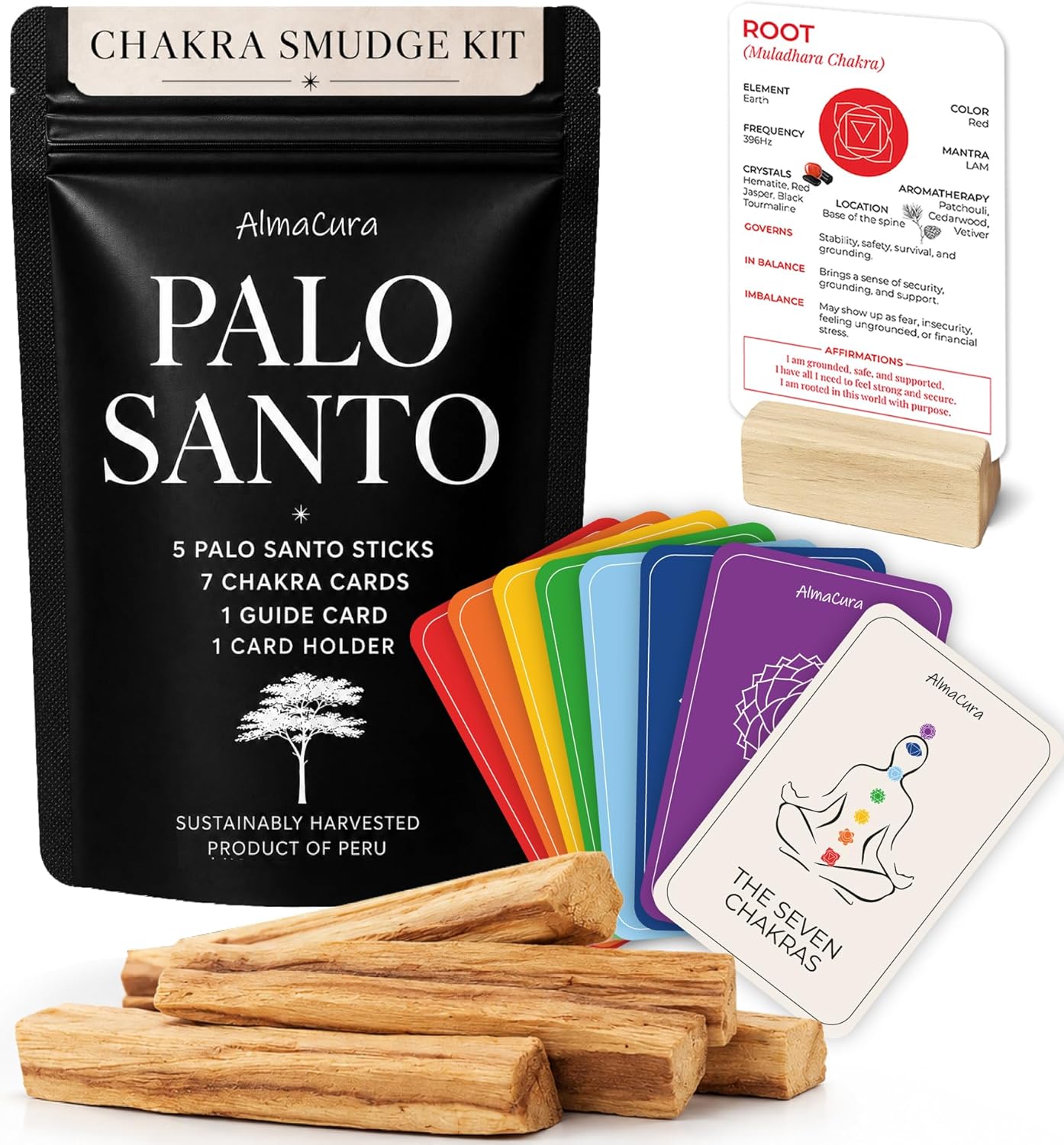 Palo Santo Smudge Kit with 7 Chakra Cards & Wooden Card Stand | 5 high-resin Palo Santo sticks from Peru, not Ecuador - beginner smudging set for meditation, cleansing and gifting