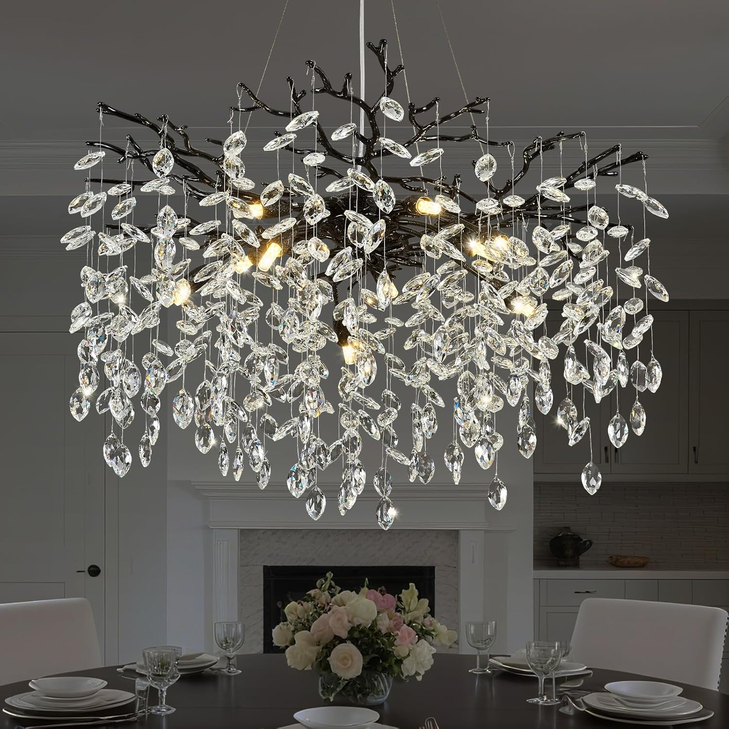 Modern Tree Branch Chandelier 31.5" Black Crystal Chandelier 10-Light Contemporary Pendant Lighting Luxury K9 Clear Crystal Dining Room Chandeliers for Staircase Living Room Kitchen Bedroom