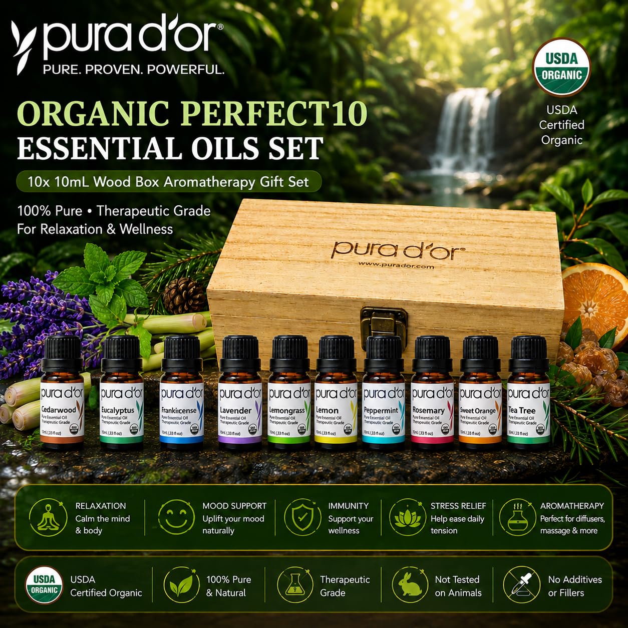 PURA D'OR Organic Perfect10 Essential Oils Set - 10x 10mL Wood Box Aromatherapy Gift Set - 100% Pure Therapeutic Grade for Relaxation and Wellness (Lavender, Peppermint, Eucalyptus, Tea Tree & More) - Image 2