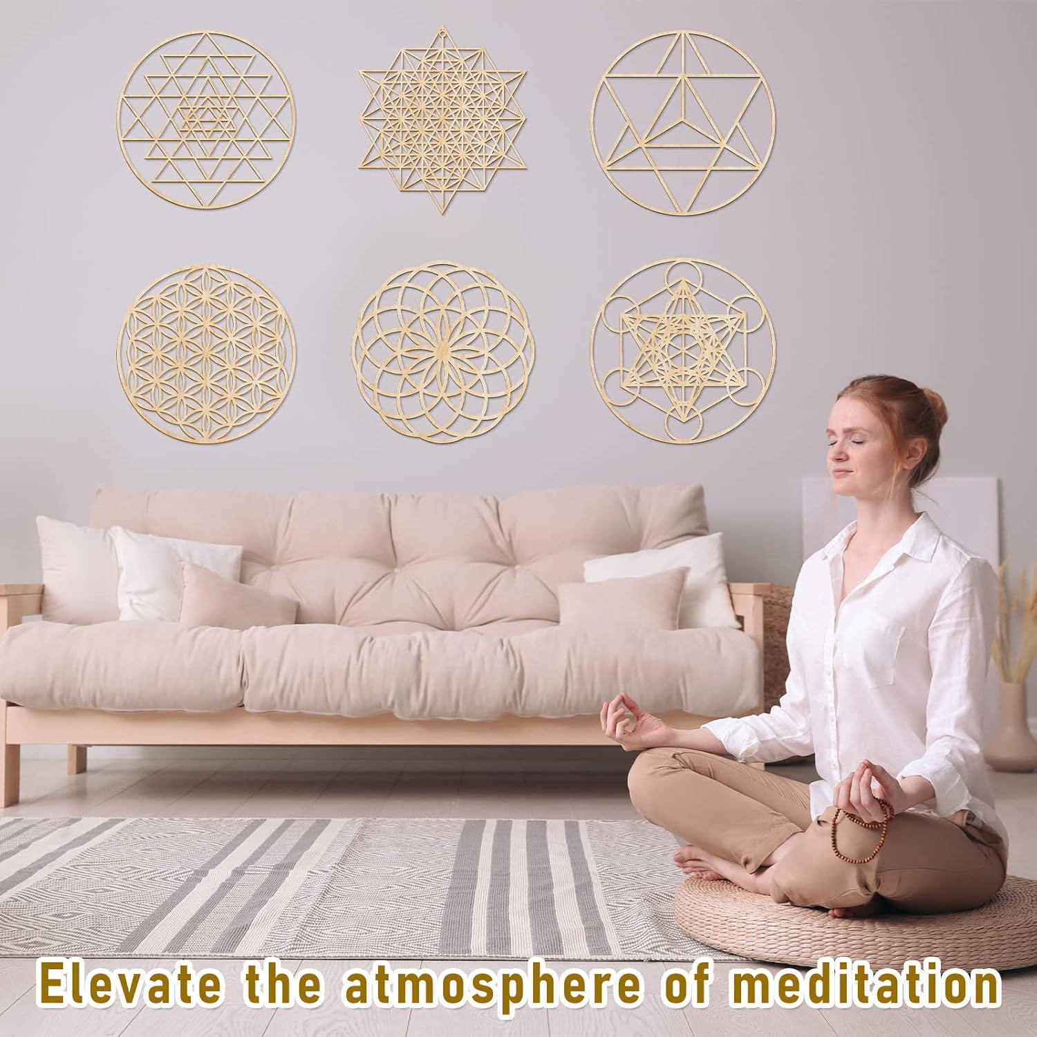 Taiyin 6 Pcs 12 Inch Wooden Sacred Geometry Wall Art Set, Zen Geometric Wall Decor for Home Meditation Room, Inspired Hanging Art with Metatron Cube, Flower of Life, Sri Yantra(Burlywood) - Image 4