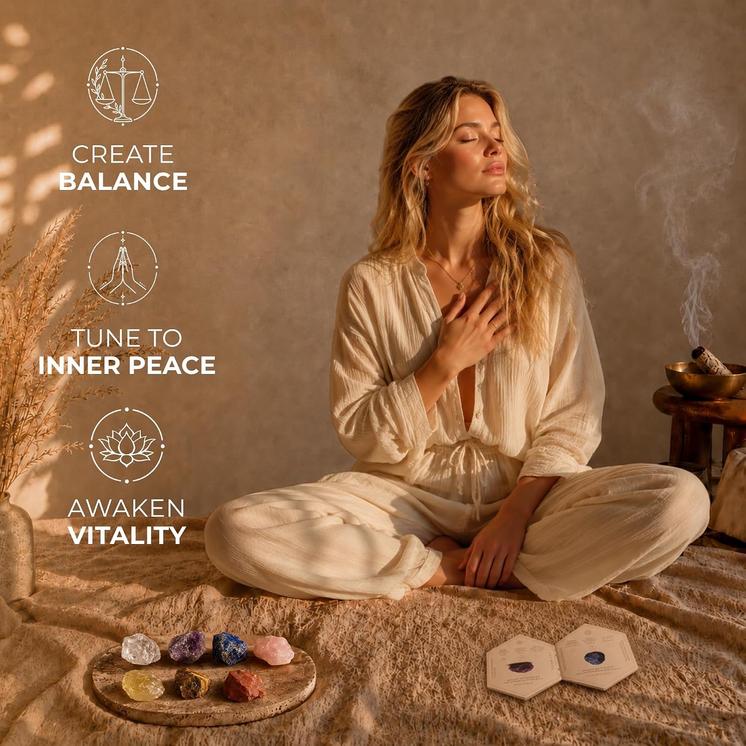 Anima Premium 7 Chakra Healing Crystals Set for Energy Alignment - Large Raw Amethyst, Rose Quartz, Citrine, Lapis Lazuli, Clear Quartz, Tigers Eye & Red Jasper - Wooden Gift Box & Guidebook Included - Image 3