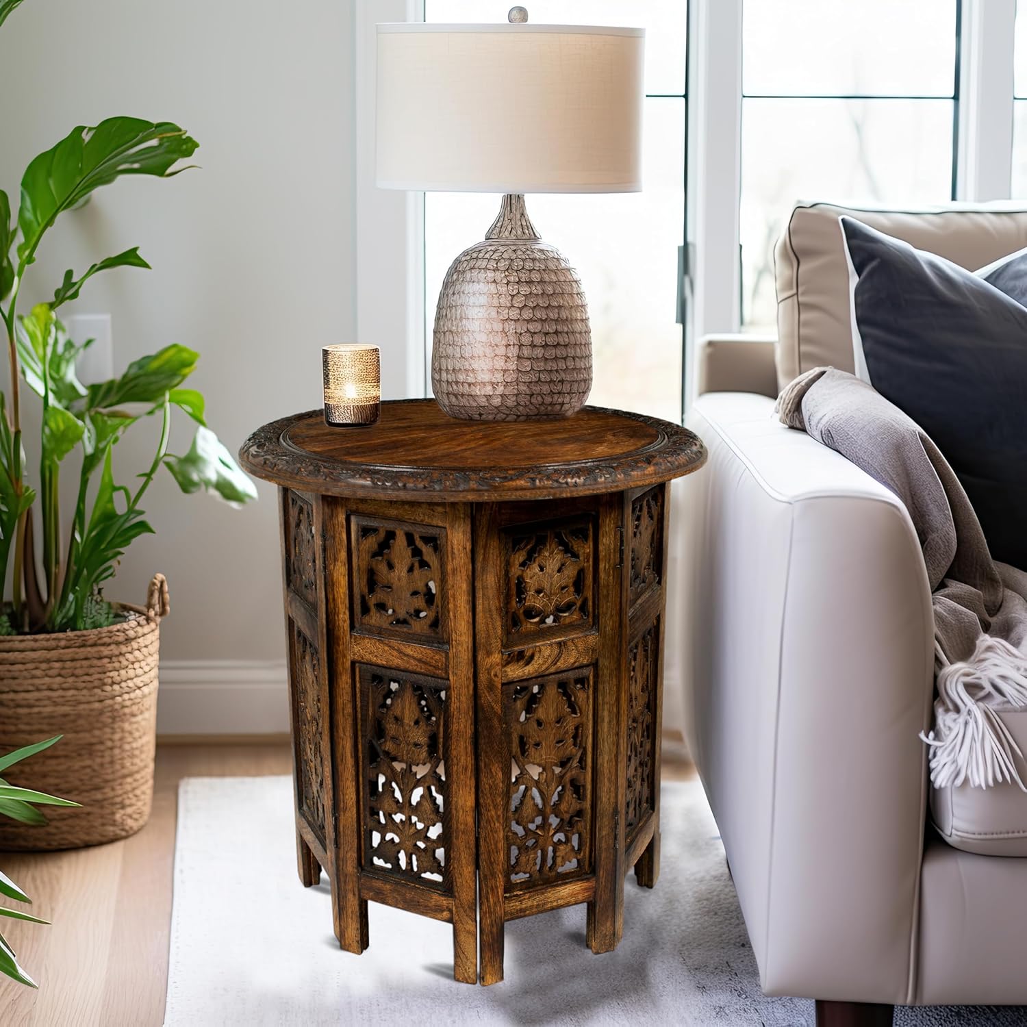 Solid Wood Accent End Table - Hand Carved Vintage Boho Folding Side Table - Small Spaces Entryway Farmhouse Living Room Bedside - No Tools Assembly -18x18 Round - Jaipur Antique Brown -Cotton Craft - Image 2