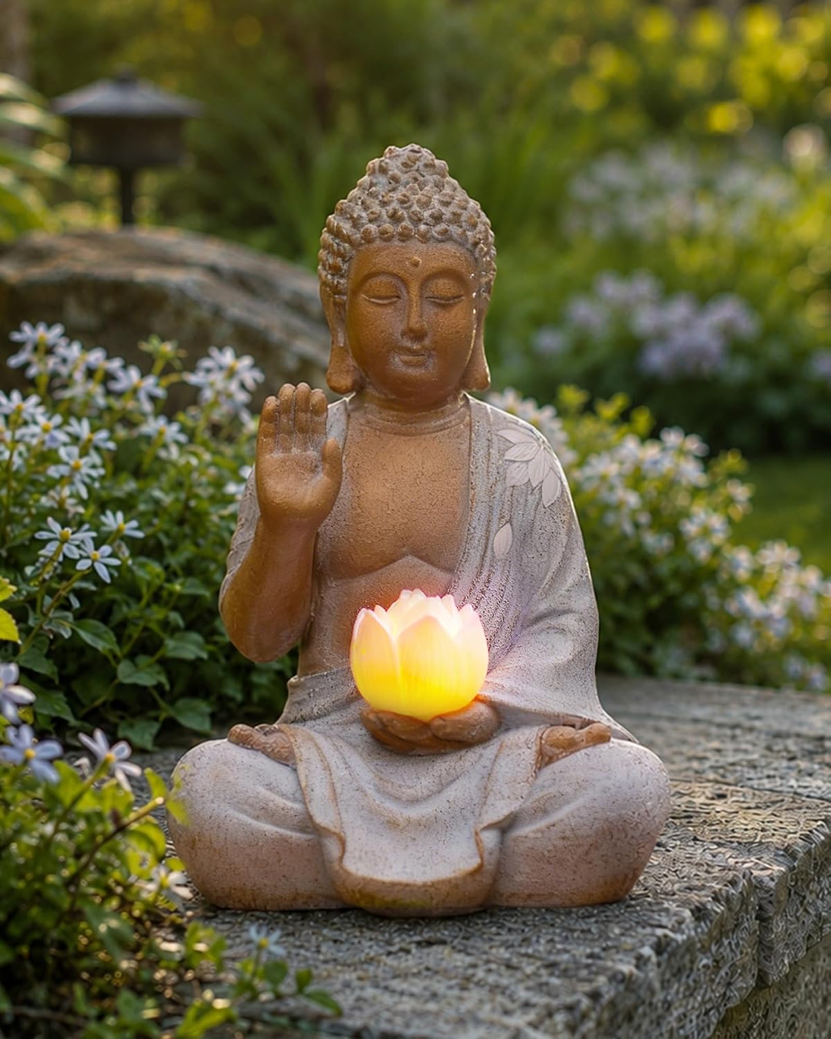 Nacome Solar Buddha Garden Statue Decor: Sitting Resin Figurine with Lotus Flower Light Zen Sculpture for Patio Lawn Yard Porch Balcony Meditation Space - 10.6 inches(White) - Image 9