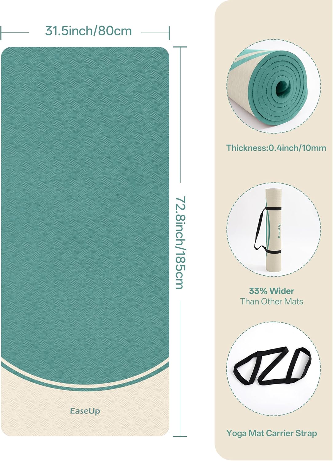 EaseUp Extra Thick Yoga Mat -2/5 inch (10MM), 72.8x31.5" Extra Long-Wide, Professional TPE Non-slip yoga mats for Yoga,Exercise, Workout,Pilates and Fitness, with strap - Image 2