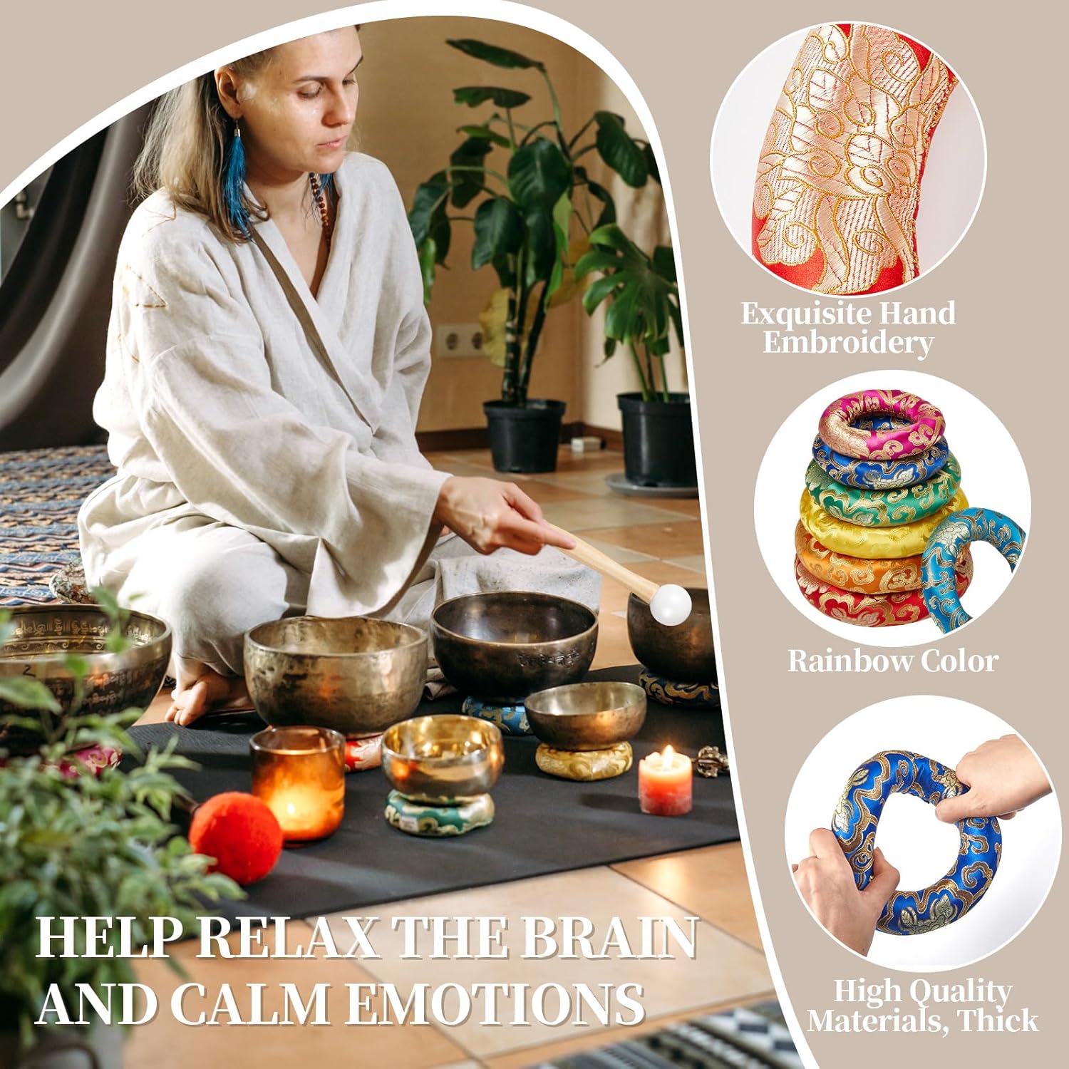 10 Pcs Singing Bowl Cushion Set 7 Silk Cloth O Ring with 3 Crystal Singing Bowl Mallet Include Solid and Hollow Stick Wood Handle Rubber Mallet for 6-12" Tibetan Sound Meditation(Rainbow) - Image 4