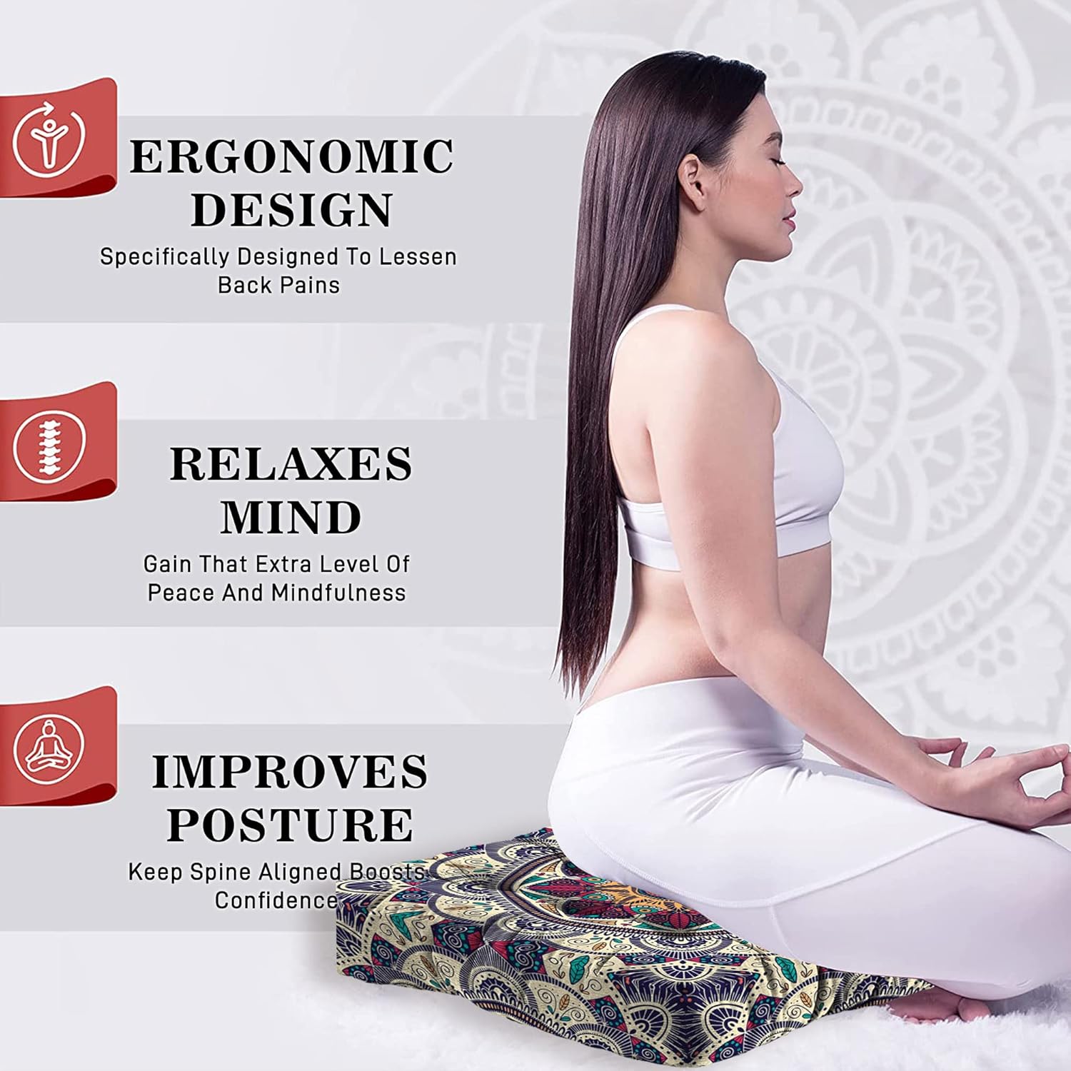 Mandala Meditation Cushion, Boho Meditation Mat, Meditation Pillows For Sitting on Floor, Cushions for Sitting in Home and Outdoor, Square Floor Pillow Cushion Seating for Yoga Accessories 22'' x 22'' - Image 5