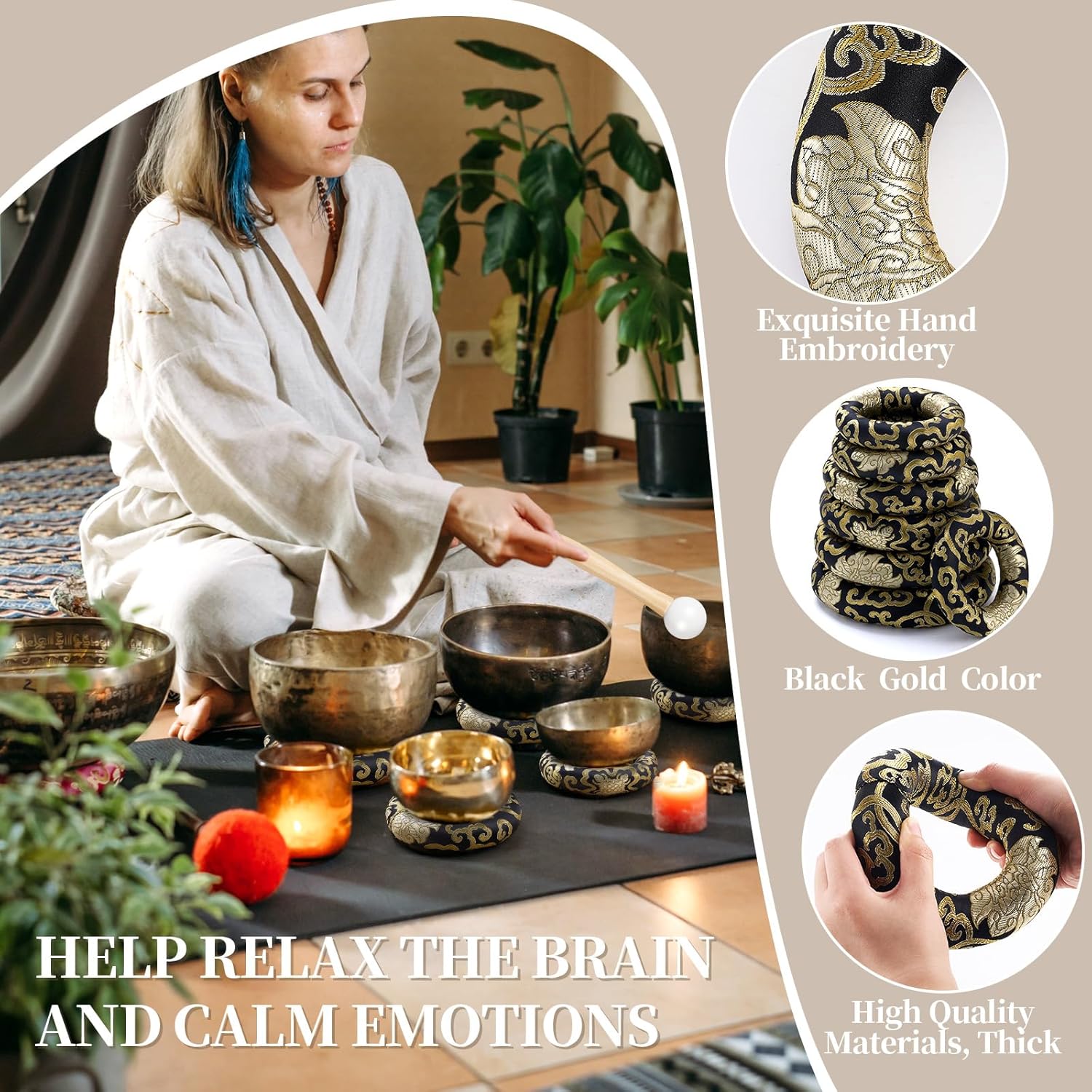 10 Pcs Singing Bowl Cushion Set 7 Silk Cloth O Ring with 3 Crystal Singing Bowl Mallet Include Solid and Hollow Stick Wood Handle Rubber Mallet for 6-12" Tibetan Sound Meditation (Black Gold) - Image 4
