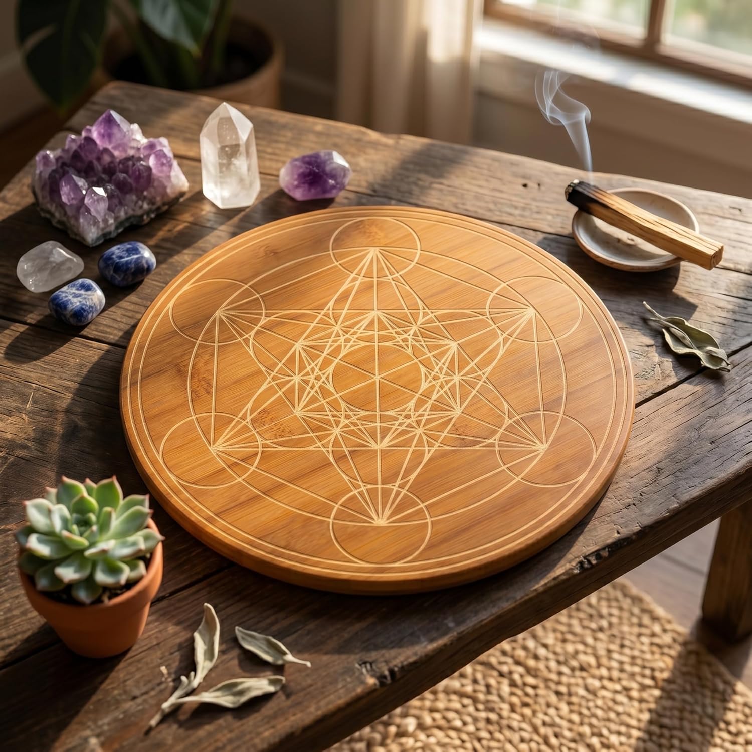 Metatron's Cube Crystal Grid 10" - Sacred Geometry Wall Decor for Balance & Protection, Premium Walnut Finished Bamboo Meditation Plate art work - Image 2