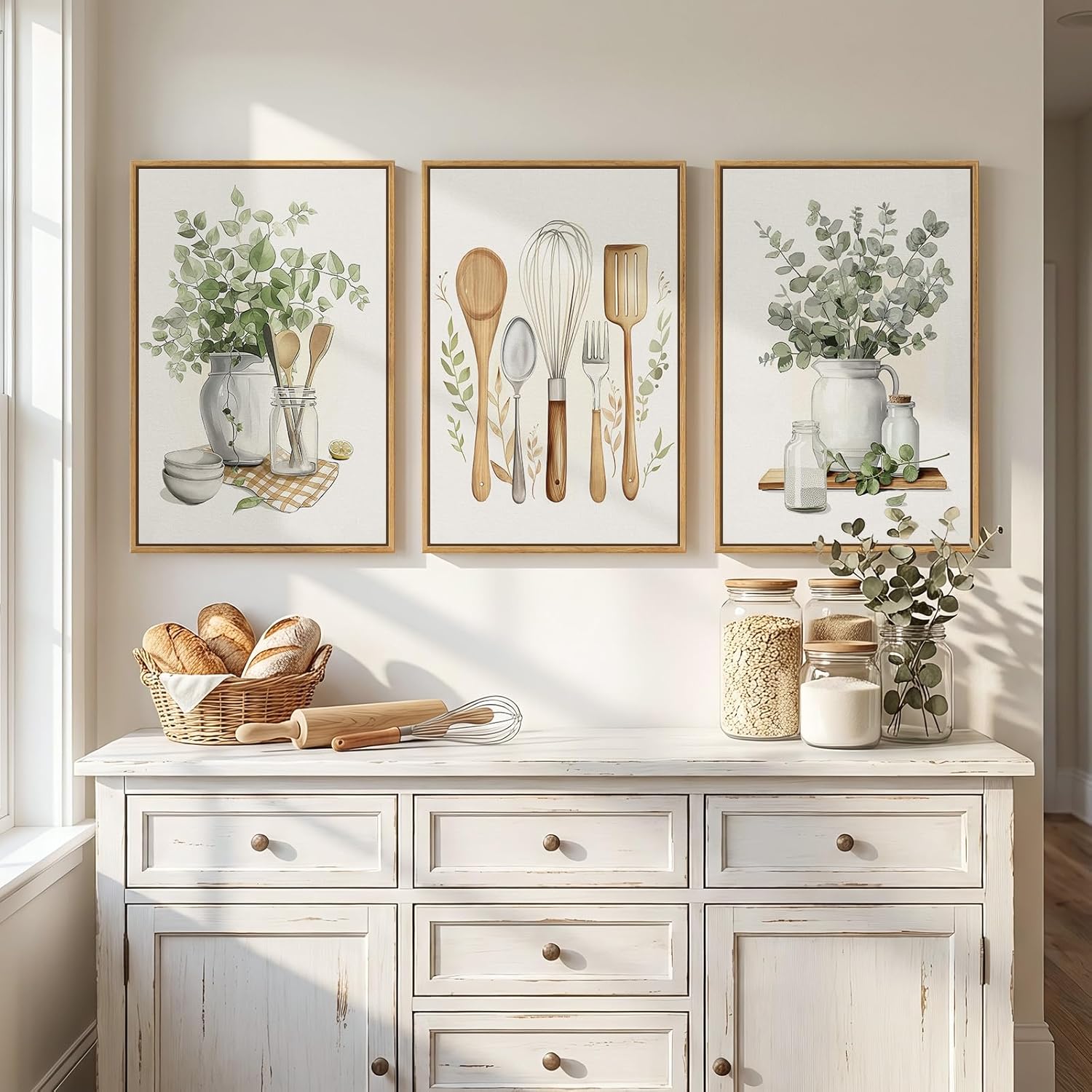 Framed Botanical Wall Art for Kitchen, 3 Piece Modern Farmhouse Sage Green Plant Canvas Painting Prints, Vintage Rustic Farmhouse Utensil Artwork for Kitchen Dining Room Coffee Bar Wall Decor, 16x24 - Image 4