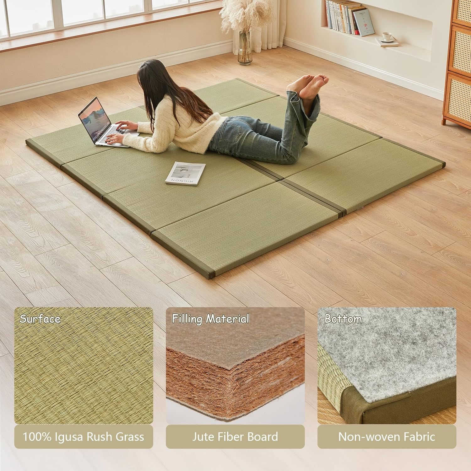 HAGiHARA Japanese Traditional Tatami Mat,35.4"x78.7"x1.2" Foldable Floor Mattress, Japanese Rush Grass Tatami Floor Mat for Meditation, Yoga,Sleeping or Summer Use - Image 4