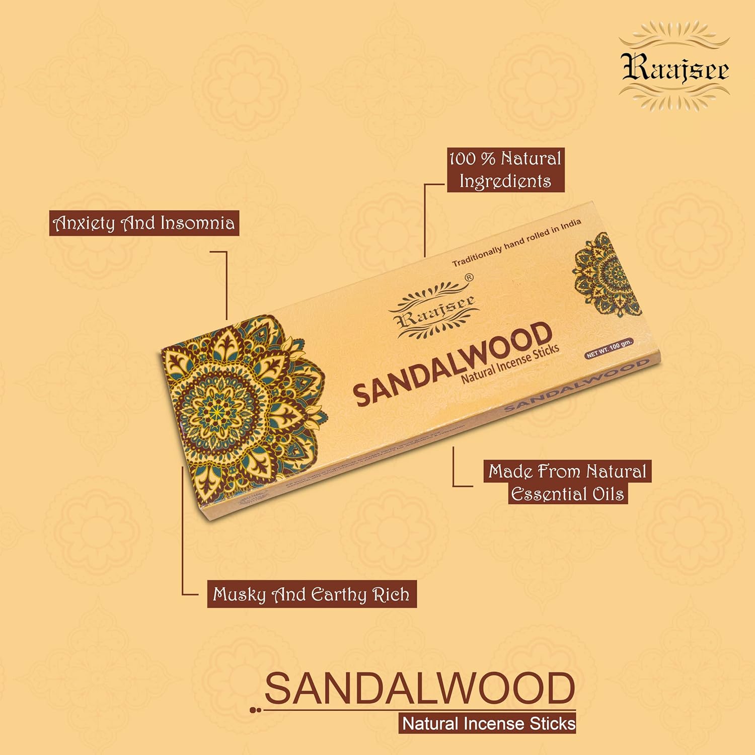 Raajsee Sandalwood Incense Sticks 100 Gm Pack-100% Pure Organic Natural Hand Rolled Free from Chemicals-for Church,Aroma Therapy,Relaxation,Meditation & Sensual Therapy - Image 9