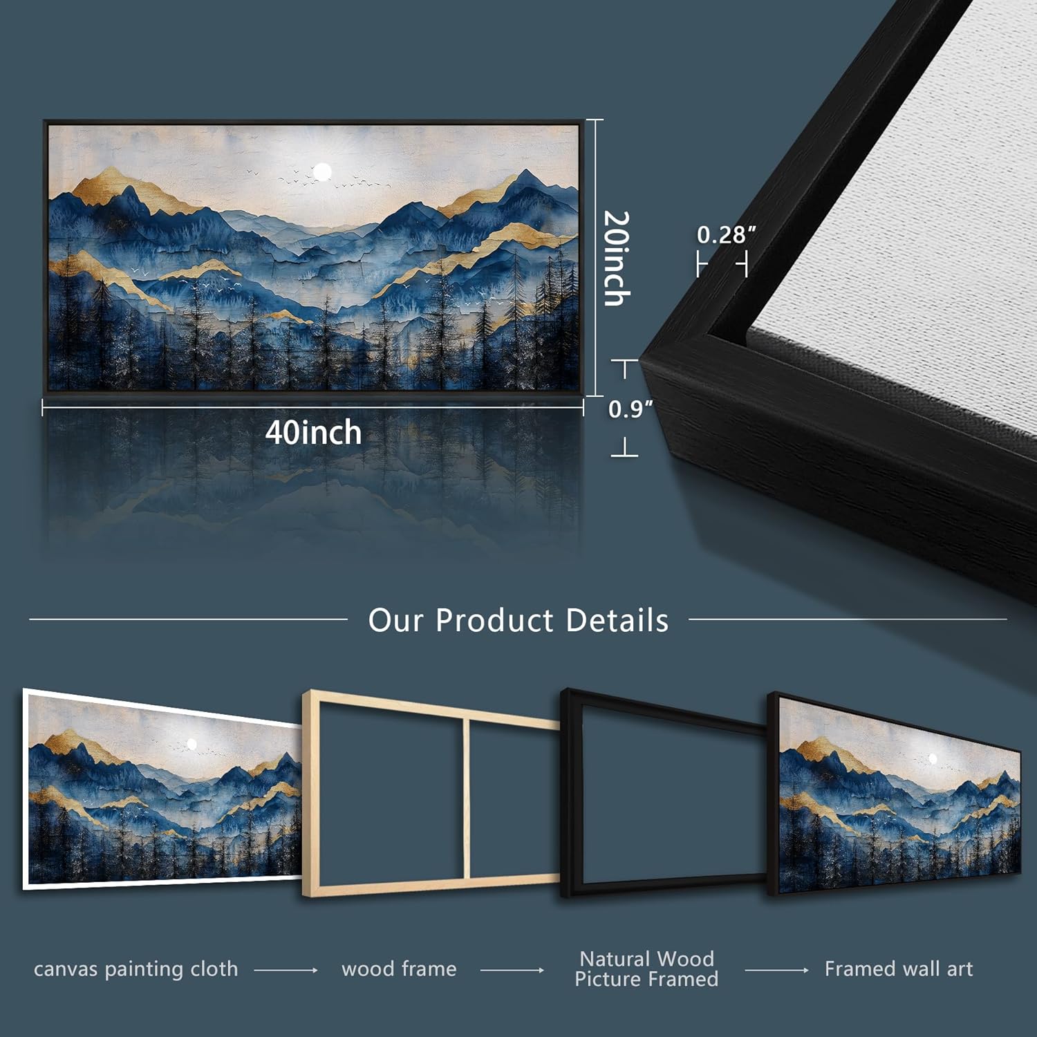 FUHAIHUA Black Framed Canvas Wall Art For Living Room Wall Decor For Bedroom Office Wall Decoration Mountain Painting Abstract Pictures Artwork Room Aesthetic Home Decor 20x40 In - Image 6