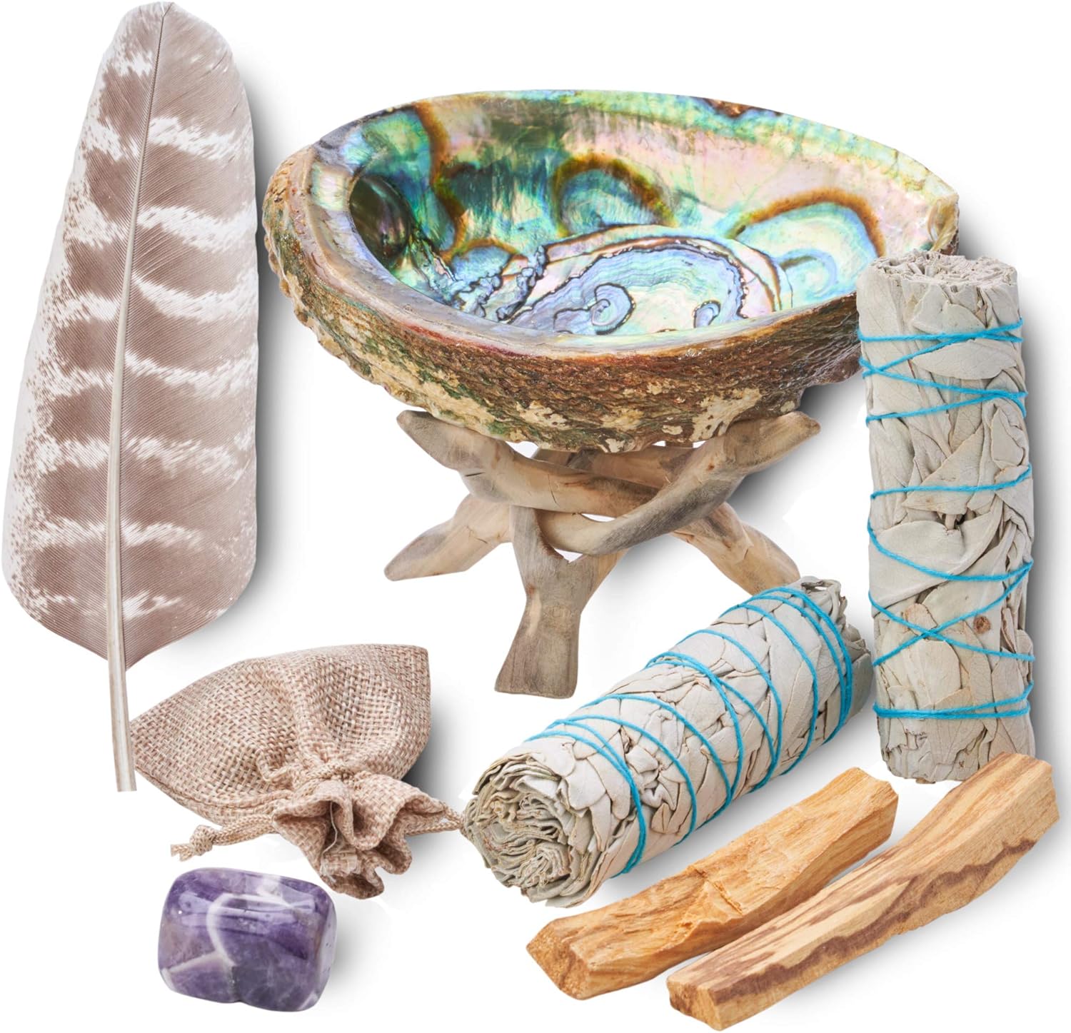 Blue River Sage Smudging & Energy Cleansing Kit with Amethyst, White Sage, Palo Santo, Abalone Shell, Stand & Guide (Regular) | Palo Santo, Amethyst, Abalone Shell & Stand, Smudge Feather, Guide Included