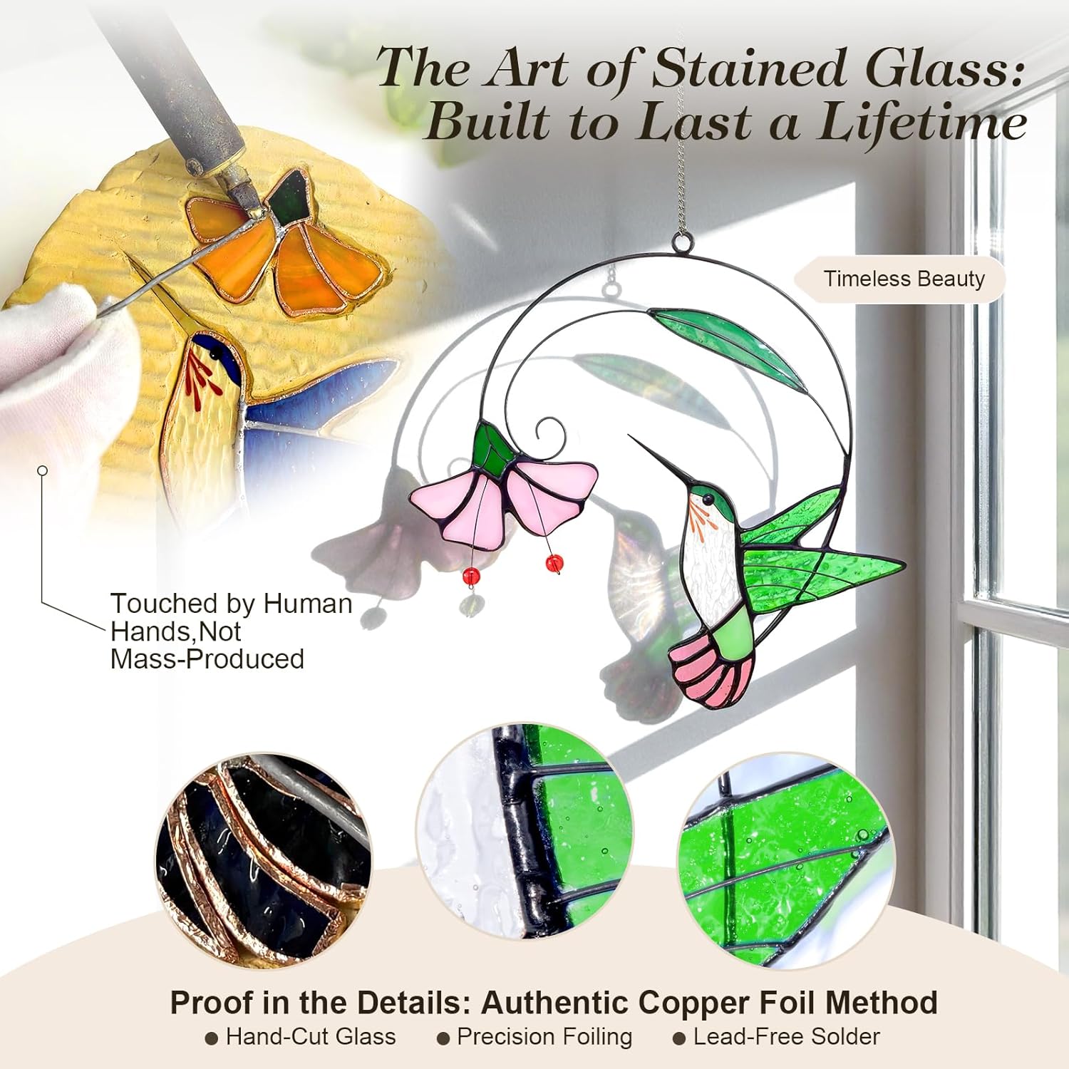 Stained Glass Hummingbird Suncatcher with Flower Branch - Handmade Real Glass Window Hanging, Bird Safe Gift for Women, Mom & Bird Lovers - Vibrant Porch & Kitchen Decor (Green) - Image 3