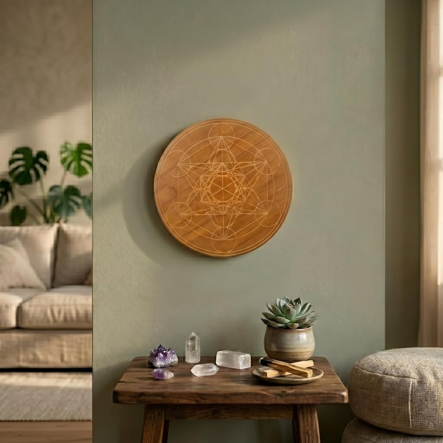 Metatron's Cube Crystal Grid 10" - Sacred Geometry Wall Decor for Balance & Protection, Premium Walnut Finished Bamboo Meditation Plate art work - Image 4
