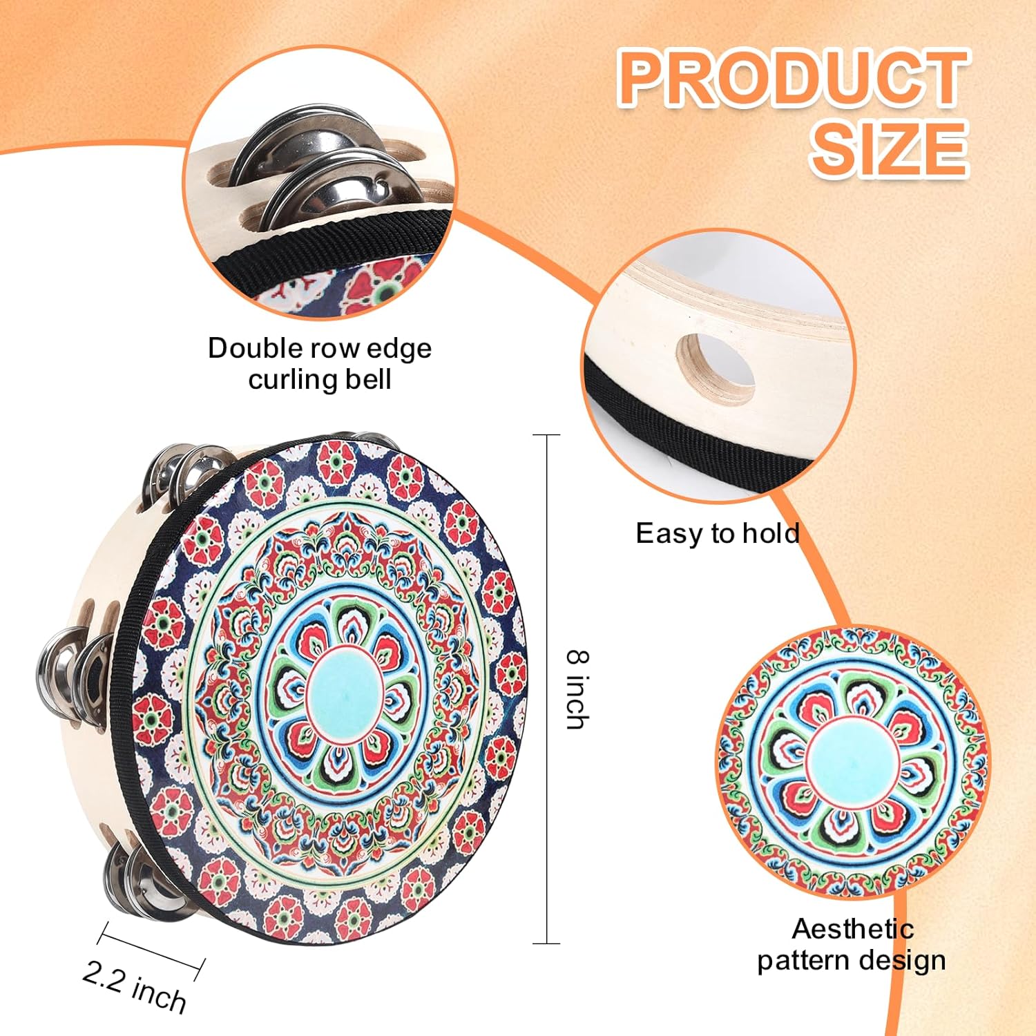 Tambourines Musical Instrument Handheld Drum: Tambourines for Adults Church 8 Inch Double Row Metal Jingles - Percussion Wooden Tambourine for Dance Wedding Party (8 inch) - Image 2