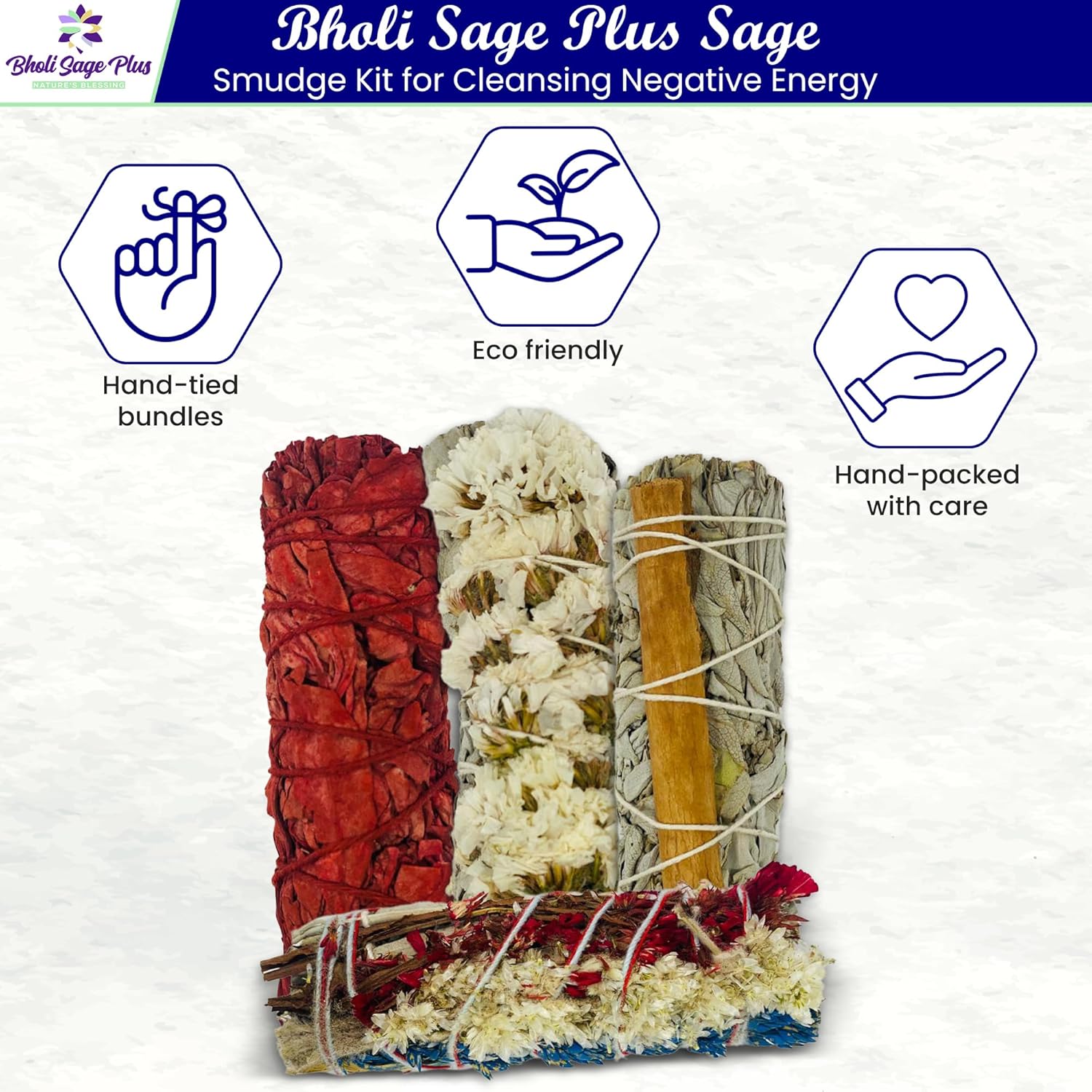 Bholi Sage Plus Sage Smudge Kit for Cleansing Negative Energy and Cleansing Home Sinuata, Dragon Blood, Cinnamon and Triple Flower Dried - 4'' Long Pack of 4 White California Sage Sticks - Image 2
