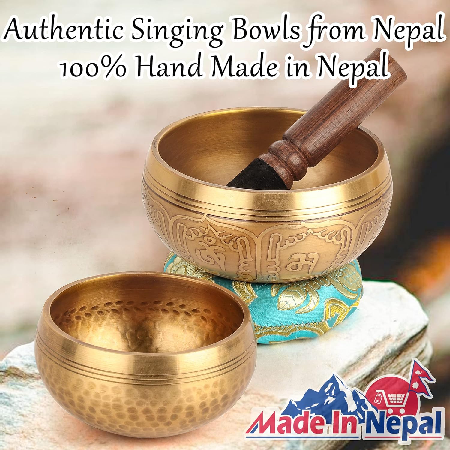 Relaehih 2-Pack Tibetan Singing Bowls Set - 100% Handmade in Nepal, Sound Bowl Meditation Set for Yoga, Chakra Healing, Meditation Gifts, Unique Gifts for Women (Blue, 3.15 + 4 inch) - Image 4