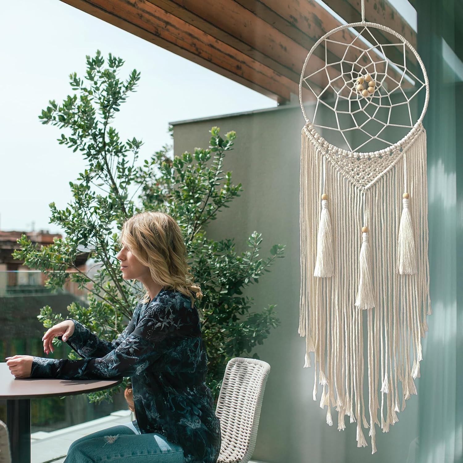 Dream Catcher Macrame Wall Hanging, Boho Decorations for Bedroom Living Room Wedding Party Home Decor, 14" Inner Dia, with 5.9ft Cotton Rope (Medium, Solid) - Image 2